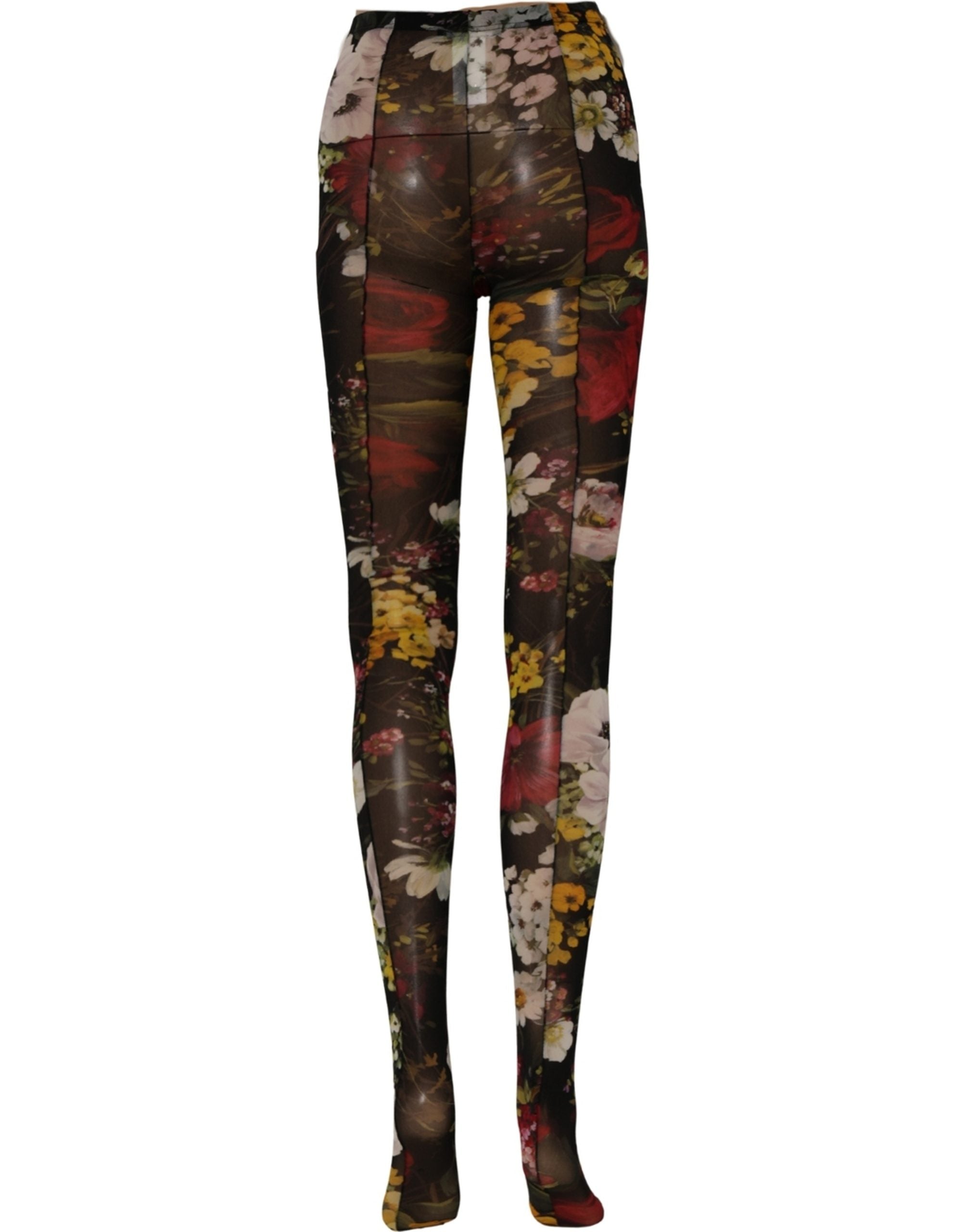 Dolce & Gabbana Schwarze Strumpfhose mit Blumenprint aus Nylon