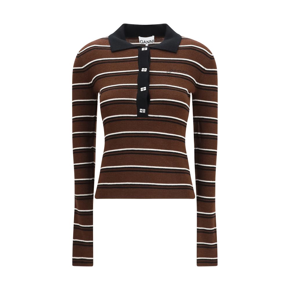 Ganni Braunes Merino-Woll-Polohemd Aries