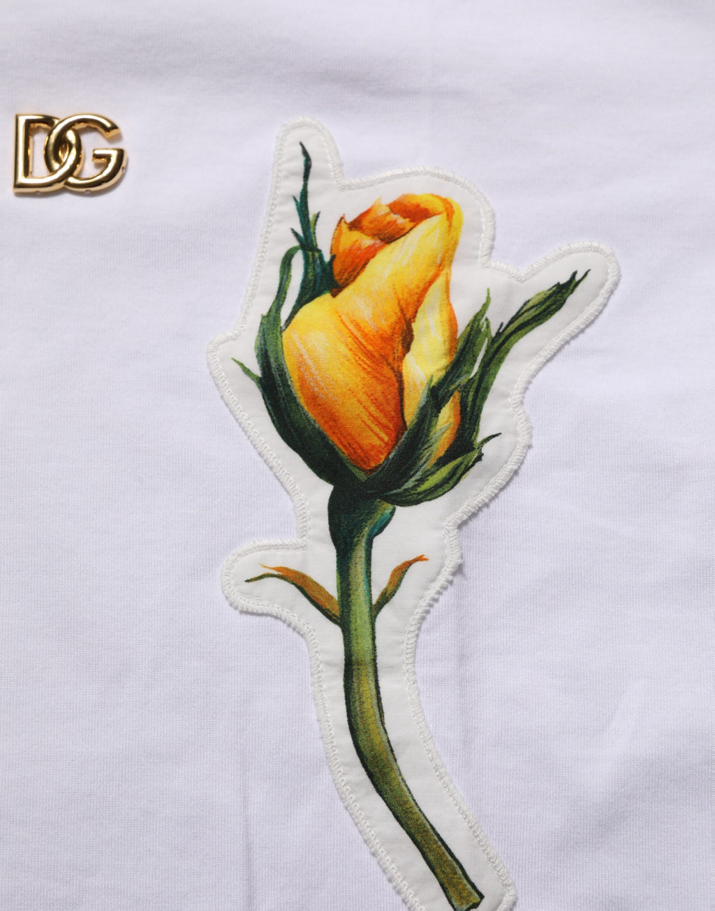 Dolce & Gabbana Weißes Baumwoll-T-Shirt mit Rosen-Patch und Rundhalsausschnitt
