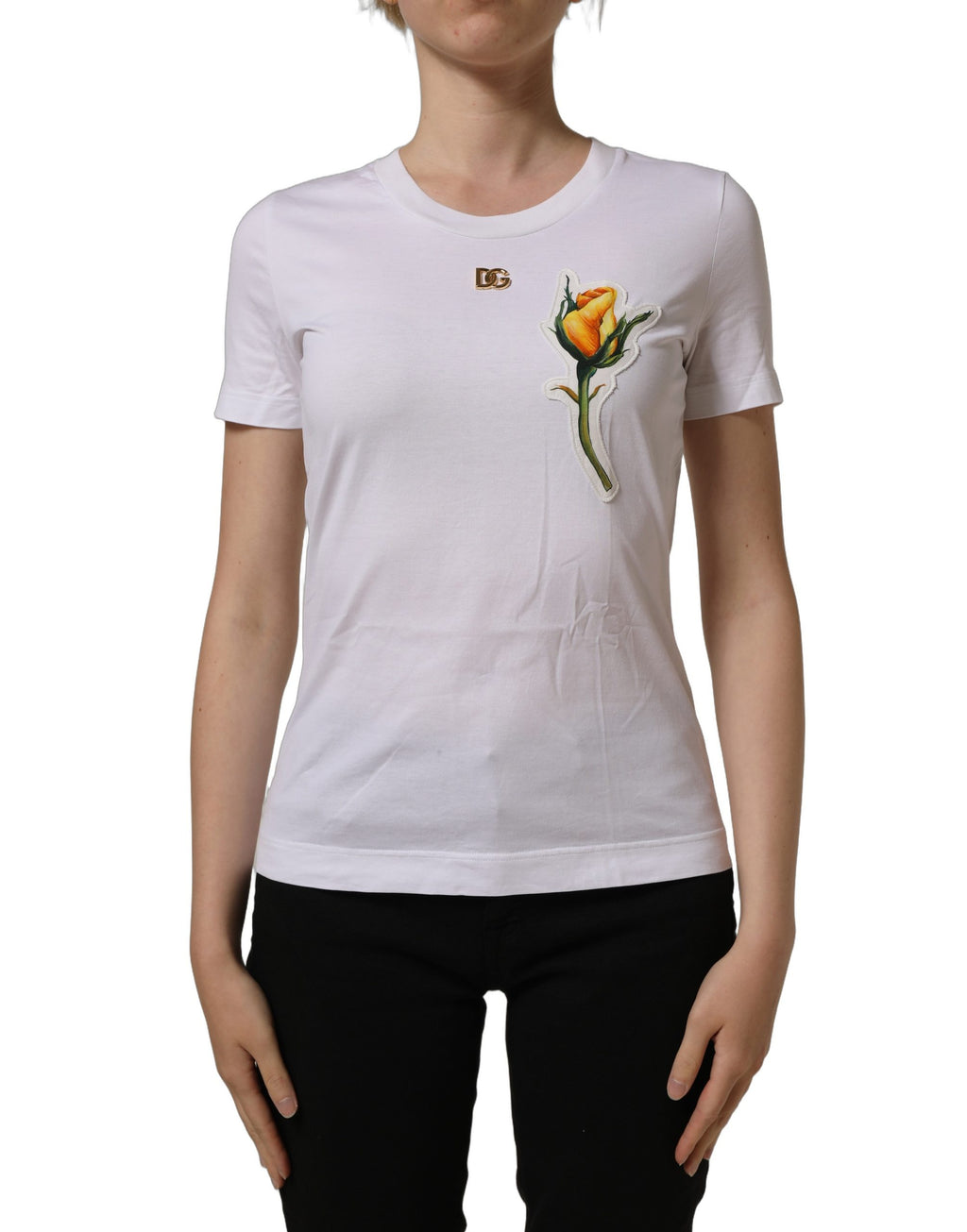 Dolce & Gabbana Weißes Baumwoll-T-Shirt mit Rosen-Patch und Rundhalsausschnitt