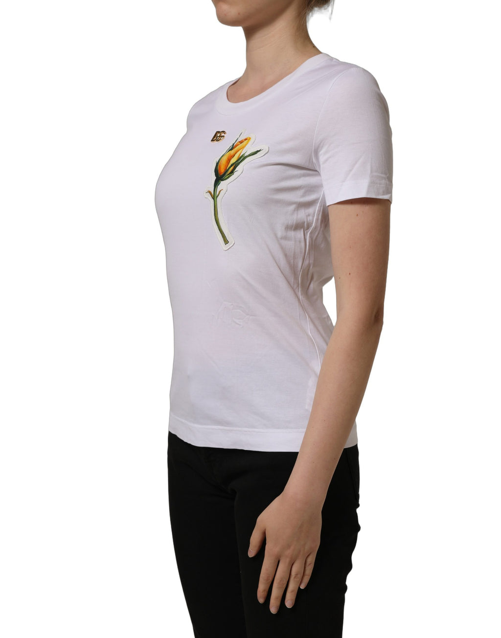 Dolce & Gabbana Weißes Baumwoll-T-Shirt mit Rosen-Patch und Rundhalsausschnitt