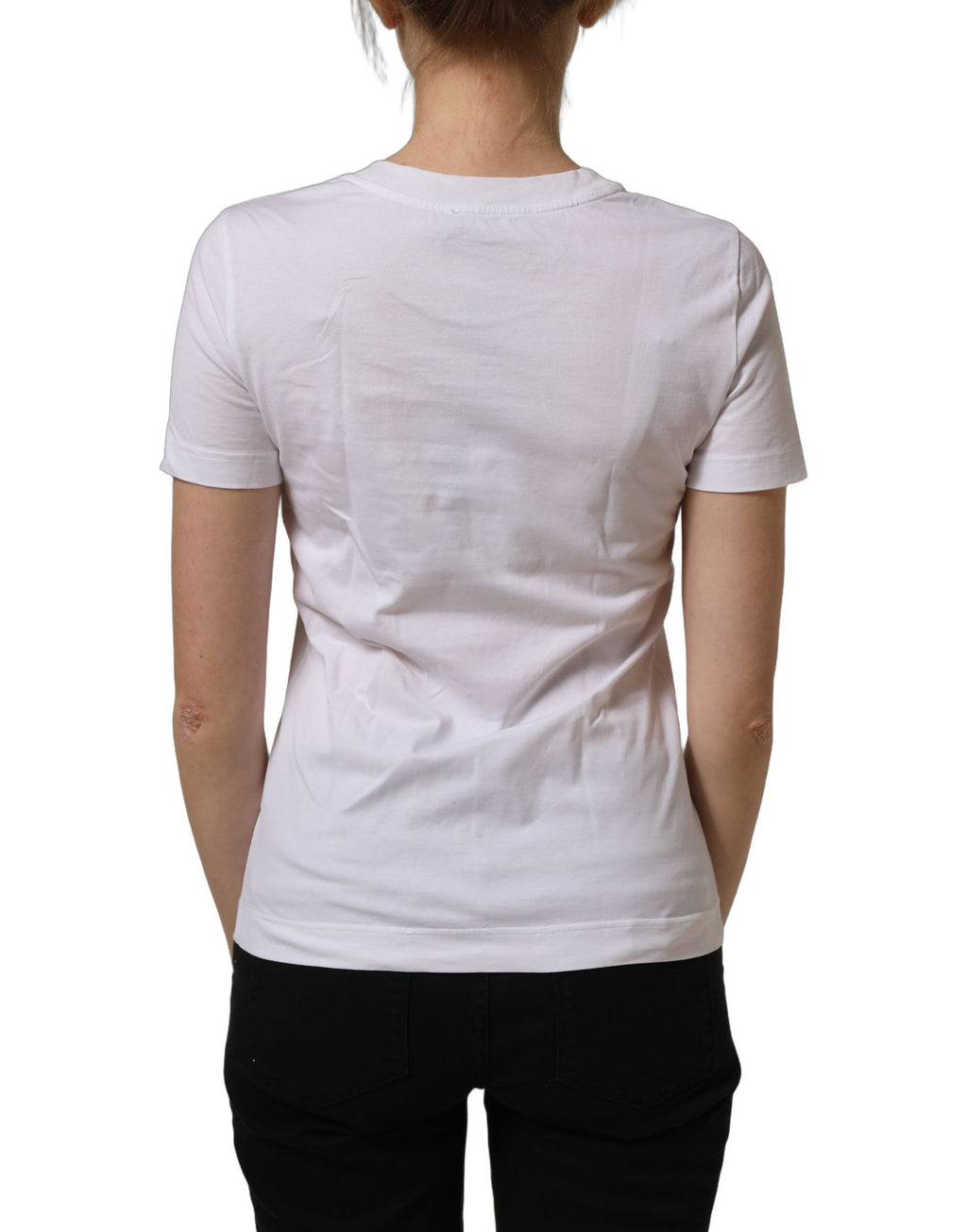 Dolce & Gabbana Weißes Baumwoll-T-Shirt mit Rosen-Patch und Rundhalsausschnitt