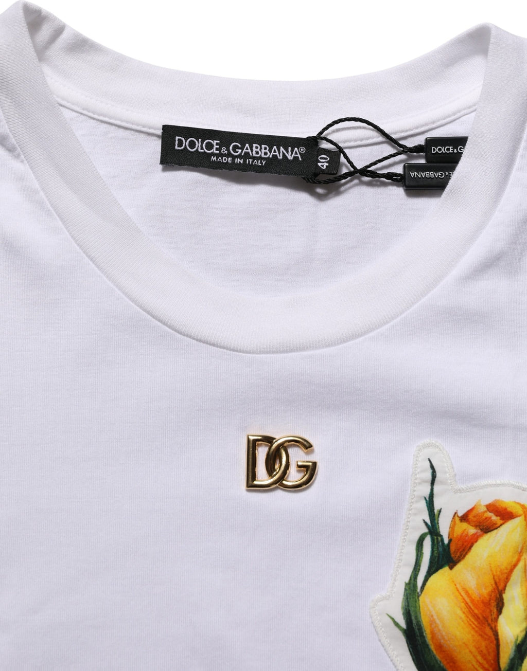 Dolce & Gabbana Weißes Baumwoll-T-Shirt mit Rosen-Patch und Rundhalsausschnitt