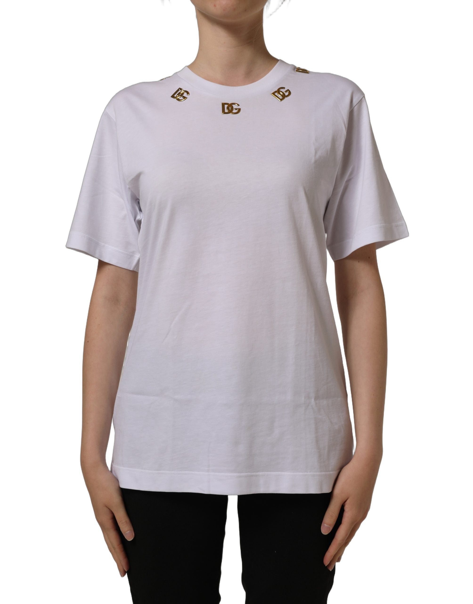 Dolce & Gabbana Weißes Baumwoll-T-Shirt mit rundem Halsausschnitt und goldenem DG-Logo
