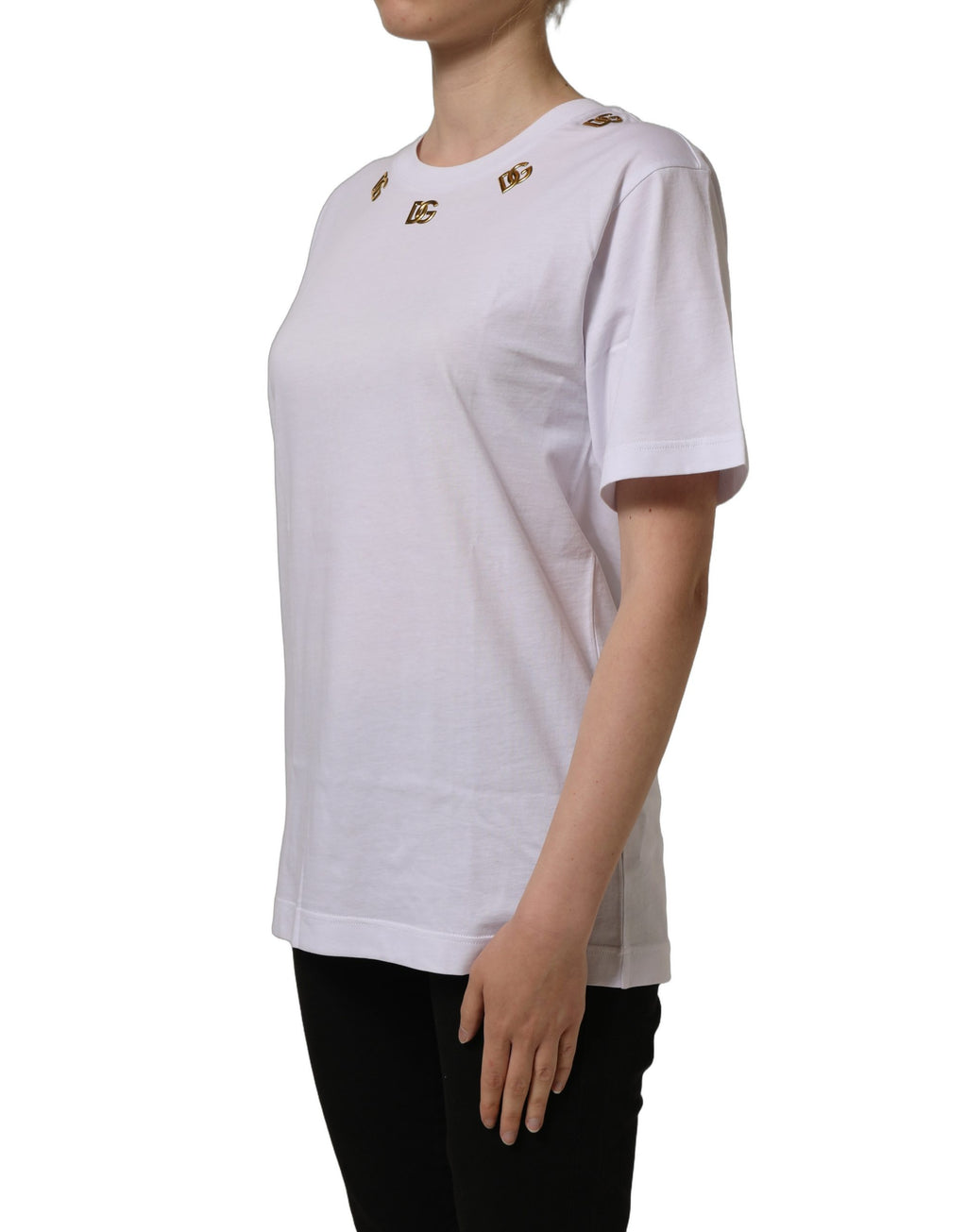 Dolce & Gabbana Weißes Baumwoll-T-Shirt mit rundem Halsausschnitt und goldenem DG-Logo