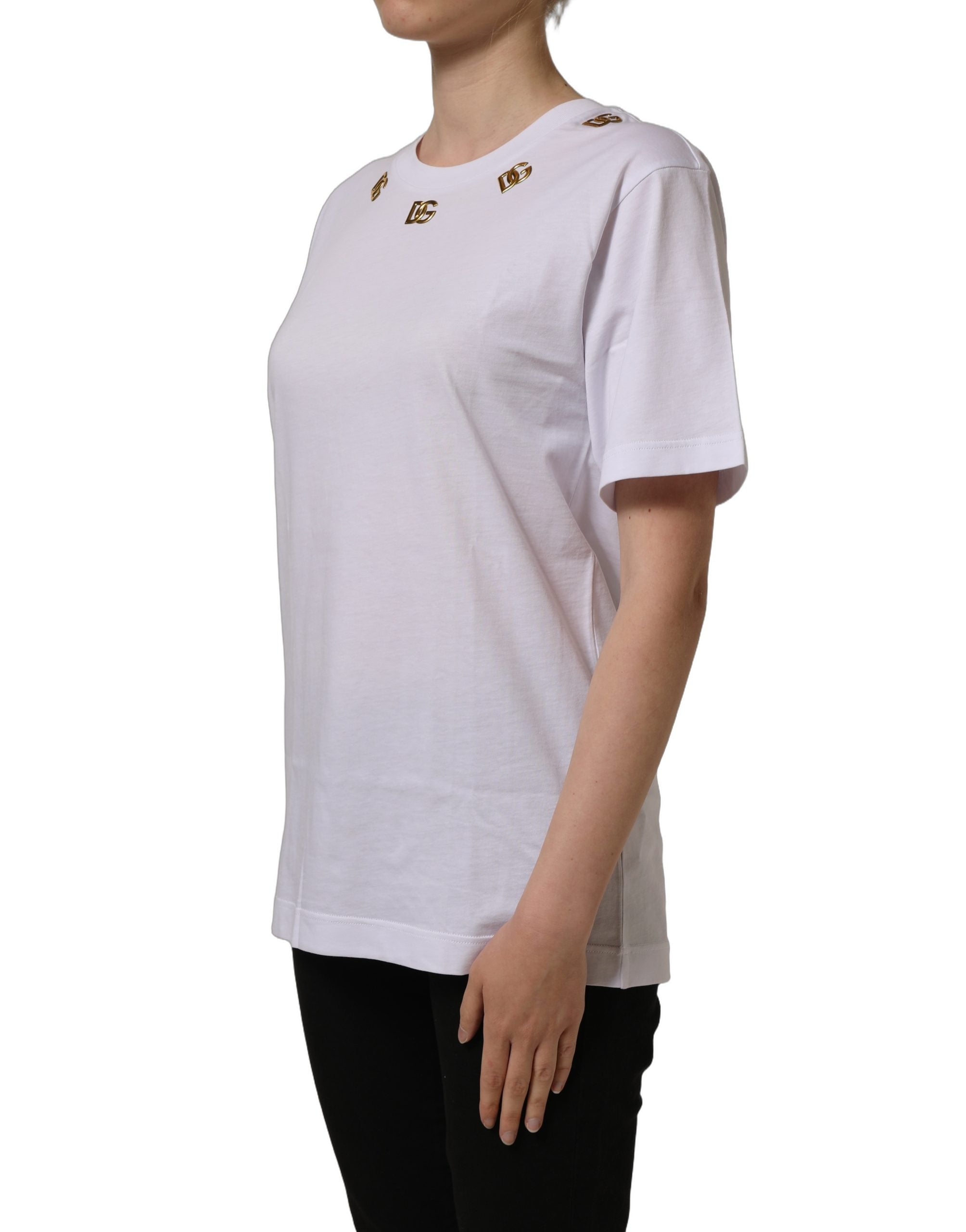 Dolce & Gabbana Weißes Baumwoll-T-Shirt mit rundem Halsausschnitt und goldenem DG-Logo