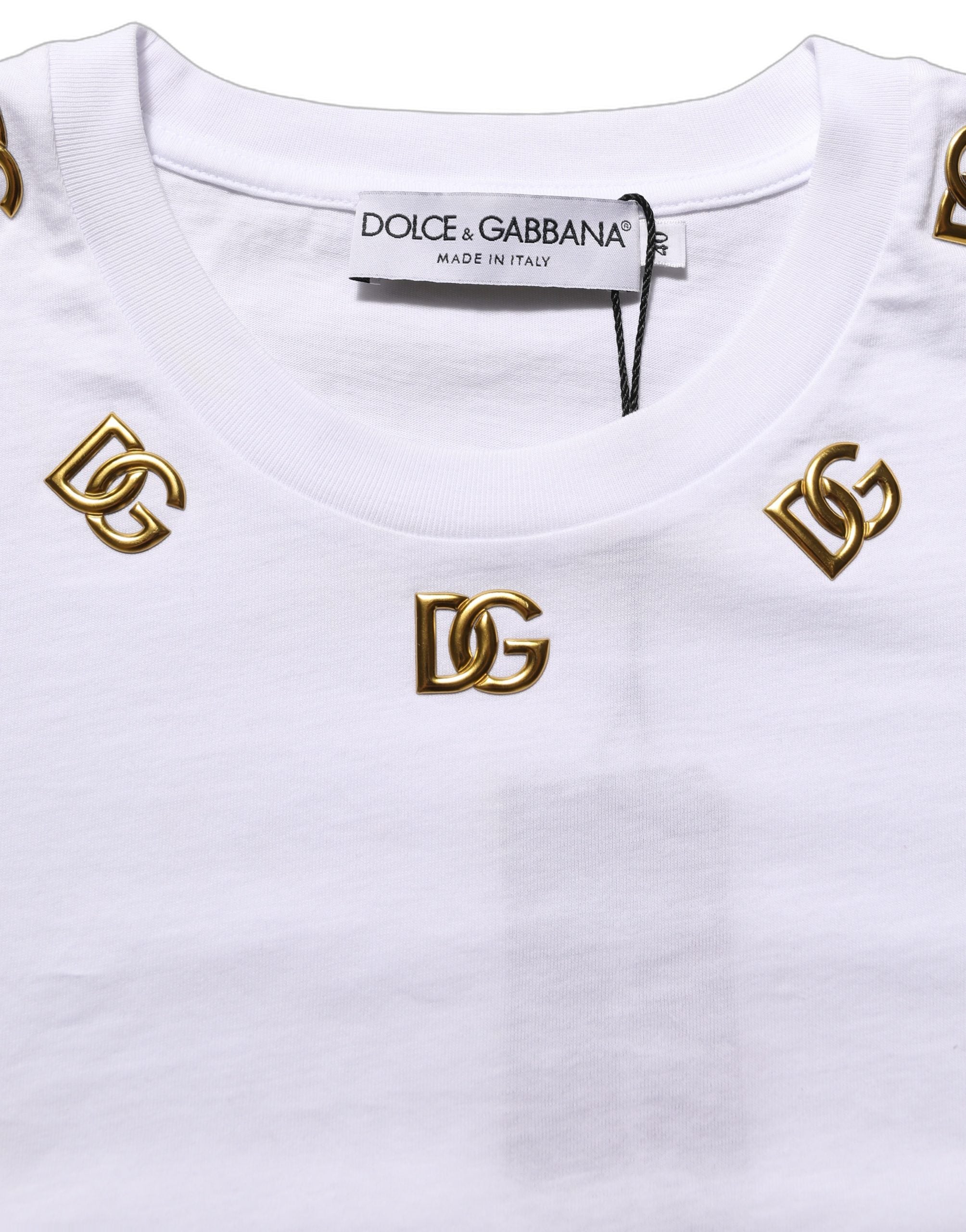 Dolce & Gabbana Weißes Baumwoll-T-Shirt mit rundem Halsausschnitt und goldenem DG-Logo