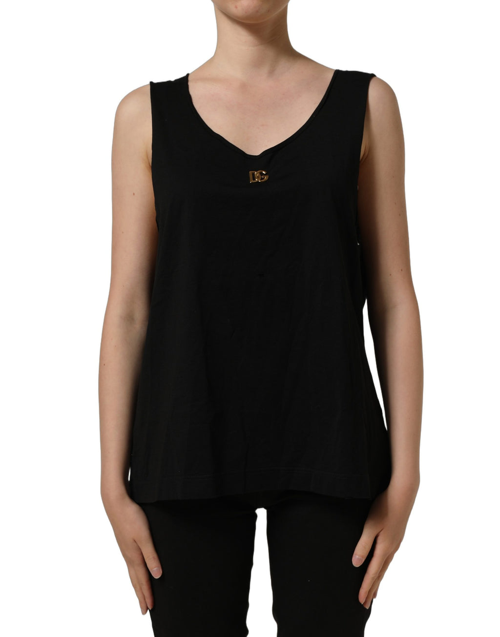 Dolce & Gabbana Schwarzes ärmelloses Tanktop aus Baumwolle mit goldenem DG-Logo