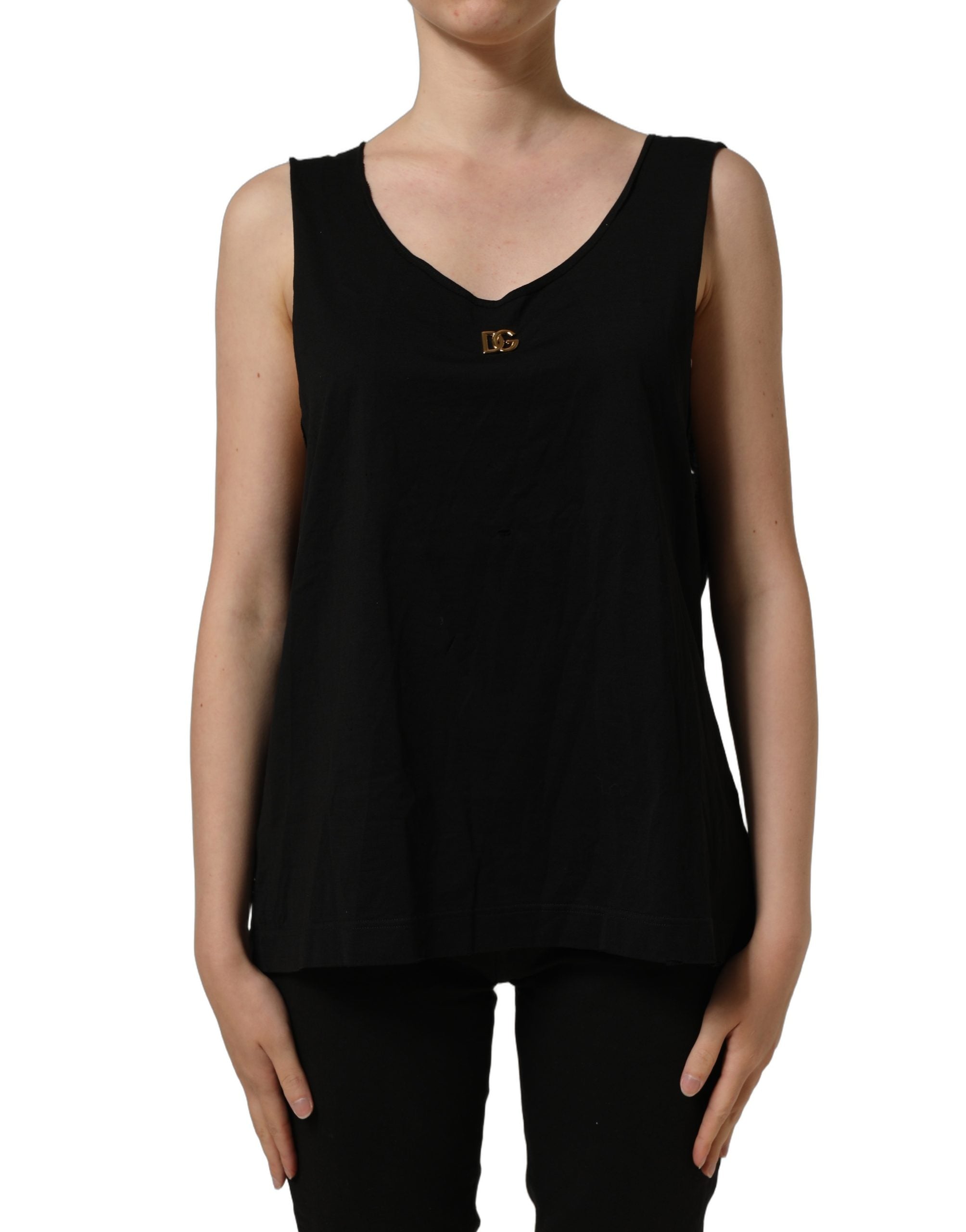 Dolce & Gabbana Schwarzes ärmelloses Tanktop aus Baumwolle mit goldenem DG-Logo