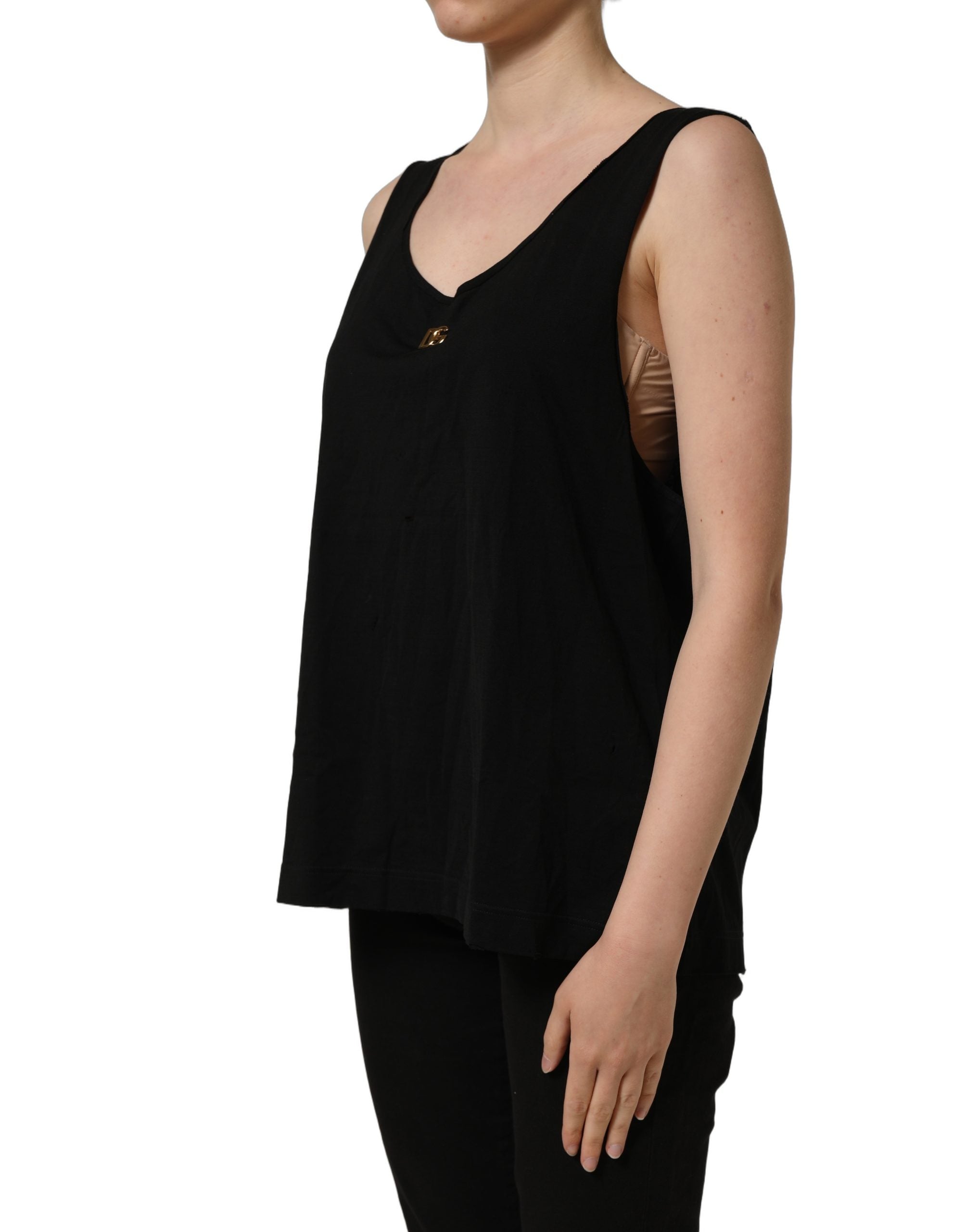 Dolce & Gabbana Schwarzes ärmelloses Tanktop aus Baumwolle mit goldenem DG-Logo