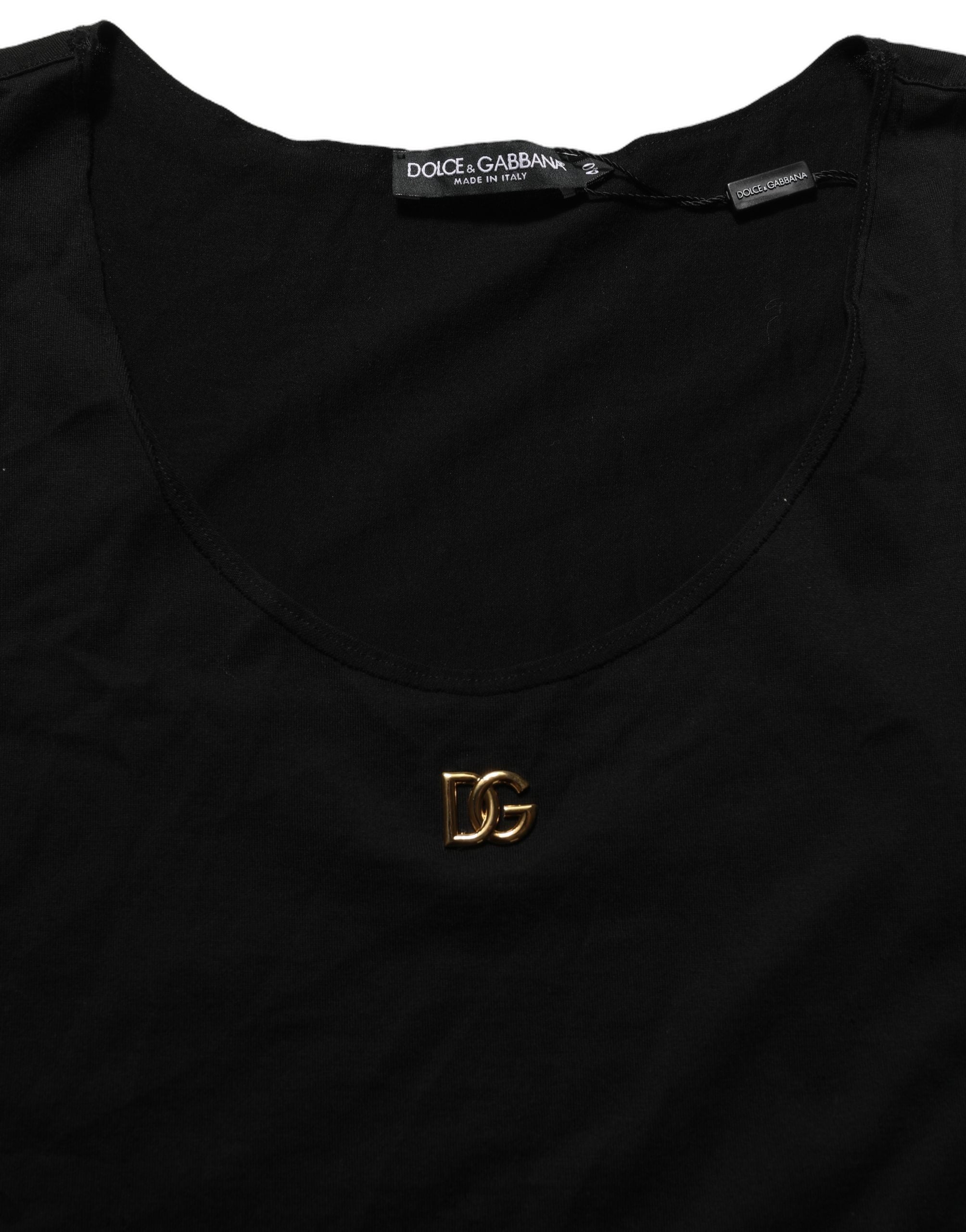Dolce & Gabbana Schwarzes ärmelloses Tanktop aus Baumwolle mit goldenem DG-Logo