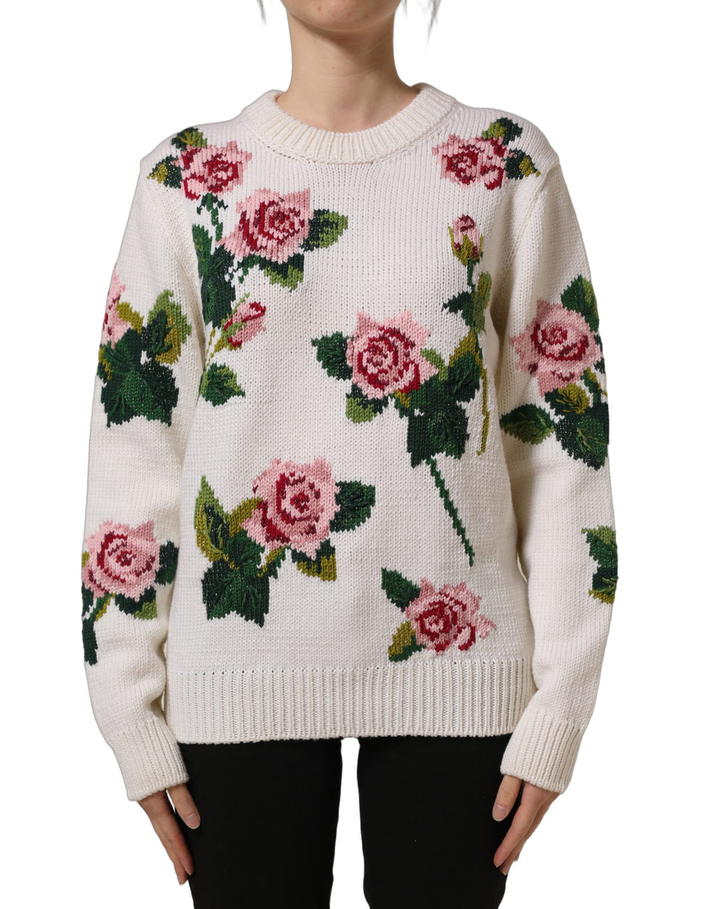 Dolce & Gabbana Weißer Wollpullover mit Blumenmuster und Rundhalsausschnitt