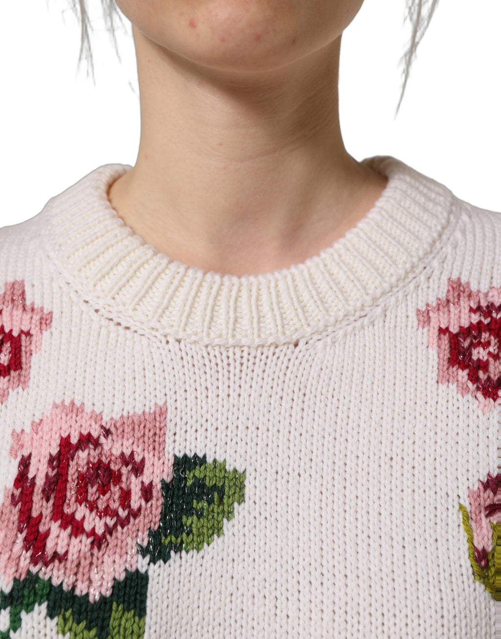 Dolce & Gabbana Weißer Wollpullover mit Blumenmuster und Rundhalsausschnitt