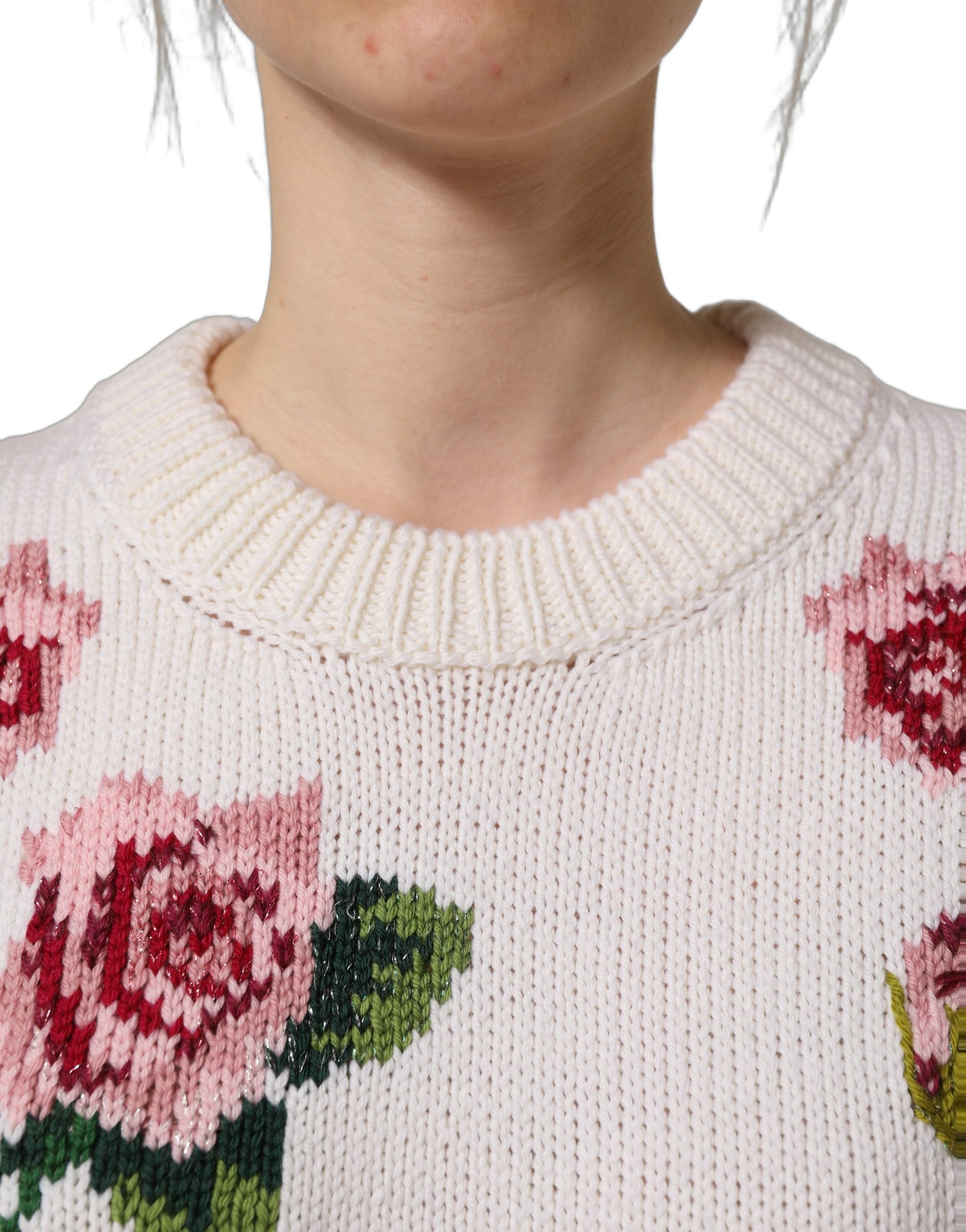 Dolce & Gabbana Weißer Wollpullover mit Blumenmuster und Rundhalsausschnitt