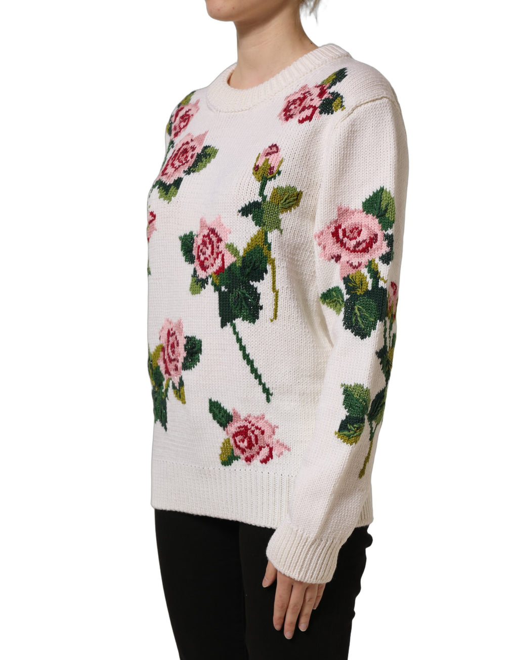 Dolce & Gabbana Weißer Wollpullover mit Blumenmuster und Rundhalsausschnitt