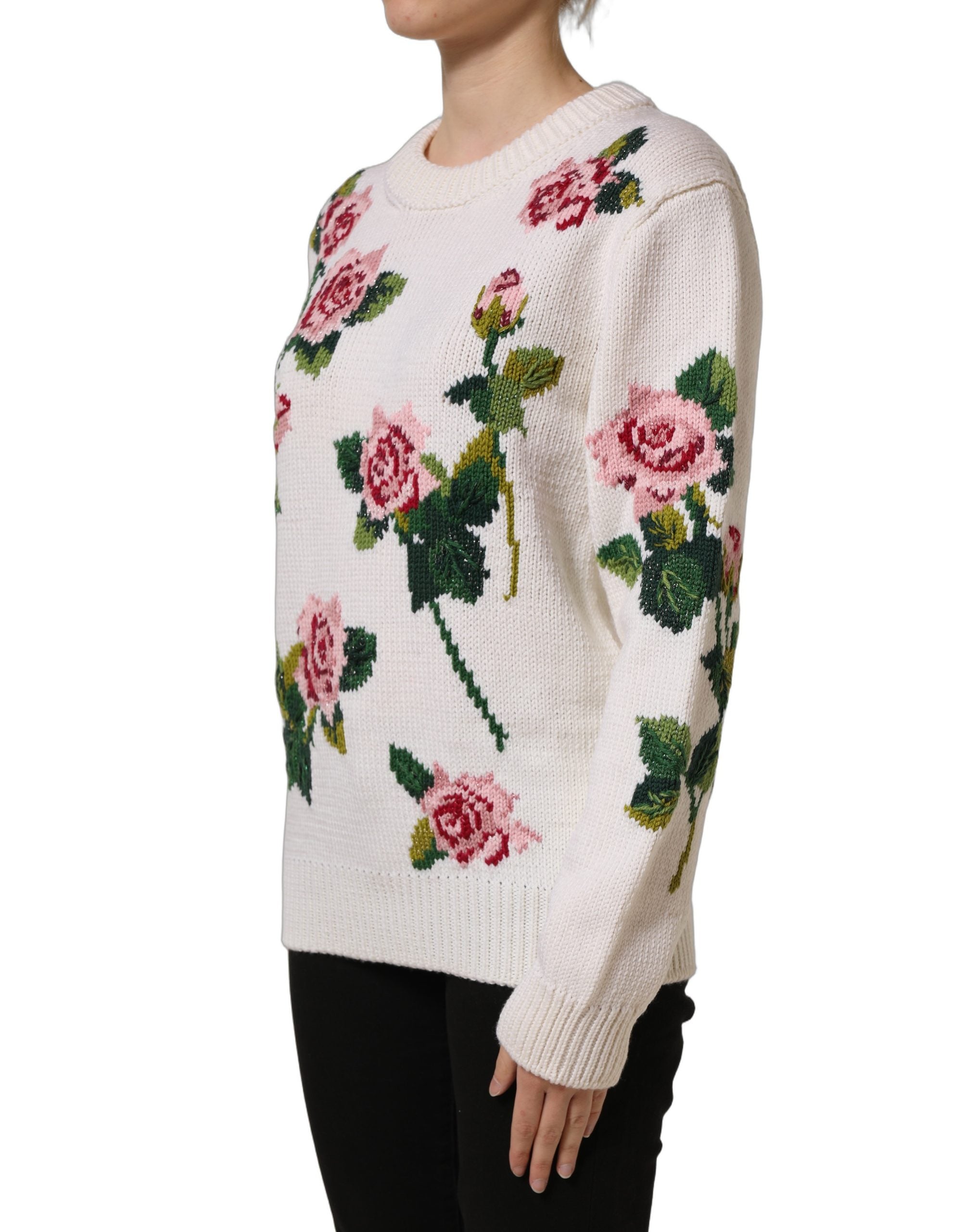 Dolce & Gabbana Weißer Wollpullover mit Blumenmuster und Rundhalsausschnitt