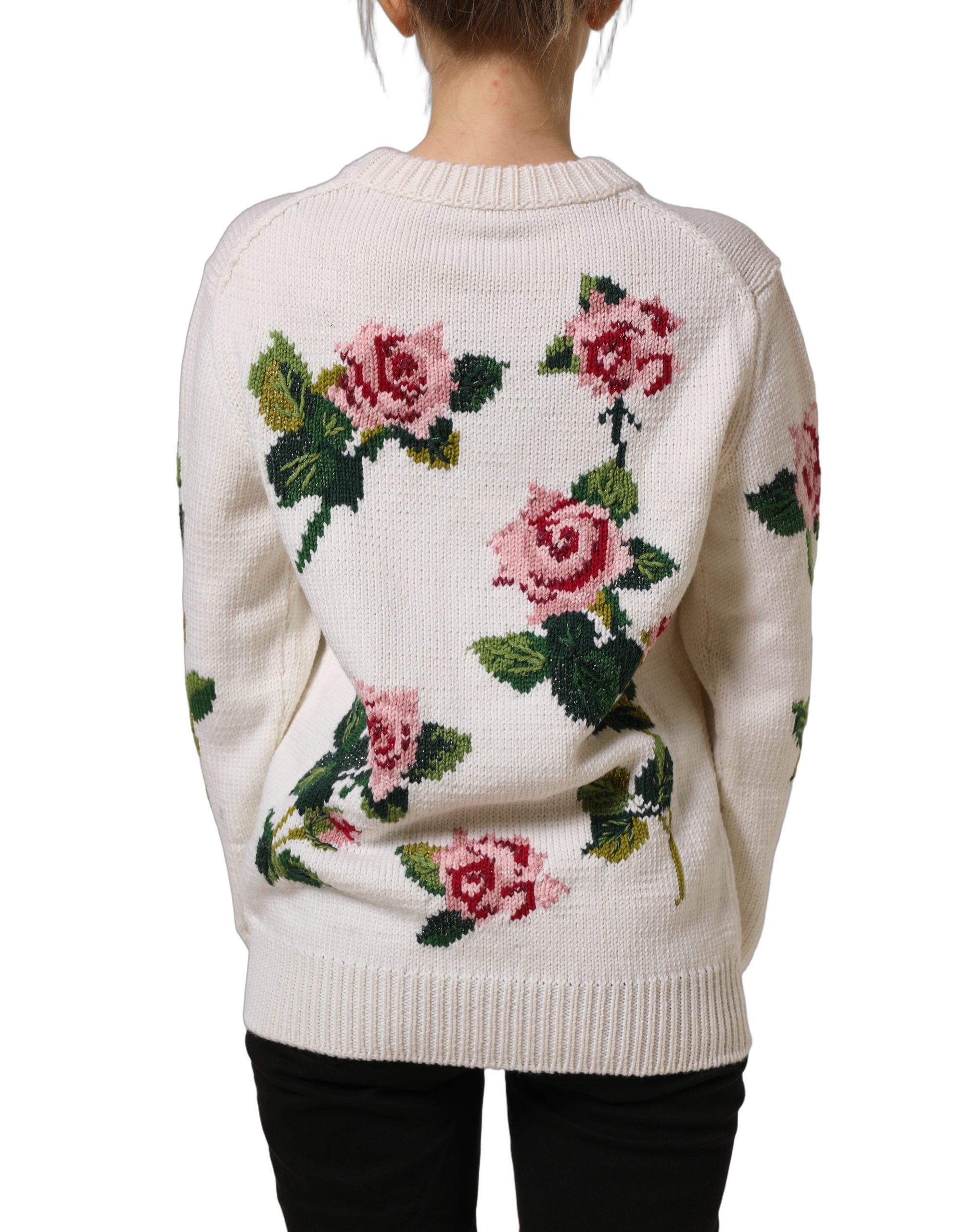 Dolce & Gabbana Weißer Wollpullover mit Blumenmuster und Rundhalsausschnitt