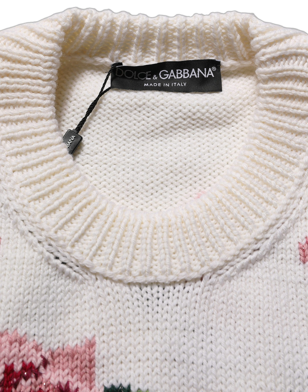 Dolce & Gabbana Weißer Wollpullover mit Blumenmuster und Rundhalsausschnitt