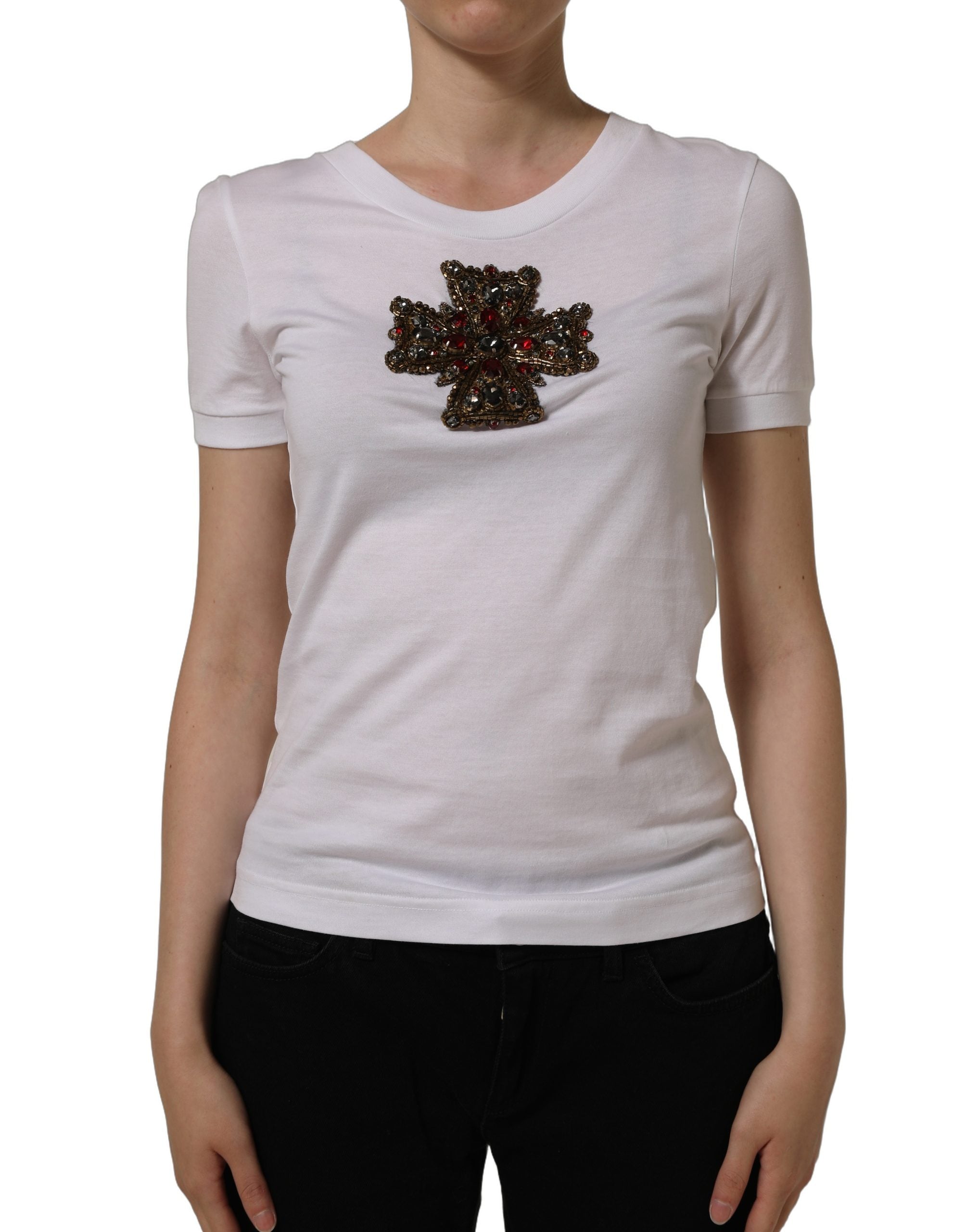 Dolce & Gabbana Weißes T-Shirt mit Kreuzapplikation aus Kristallen