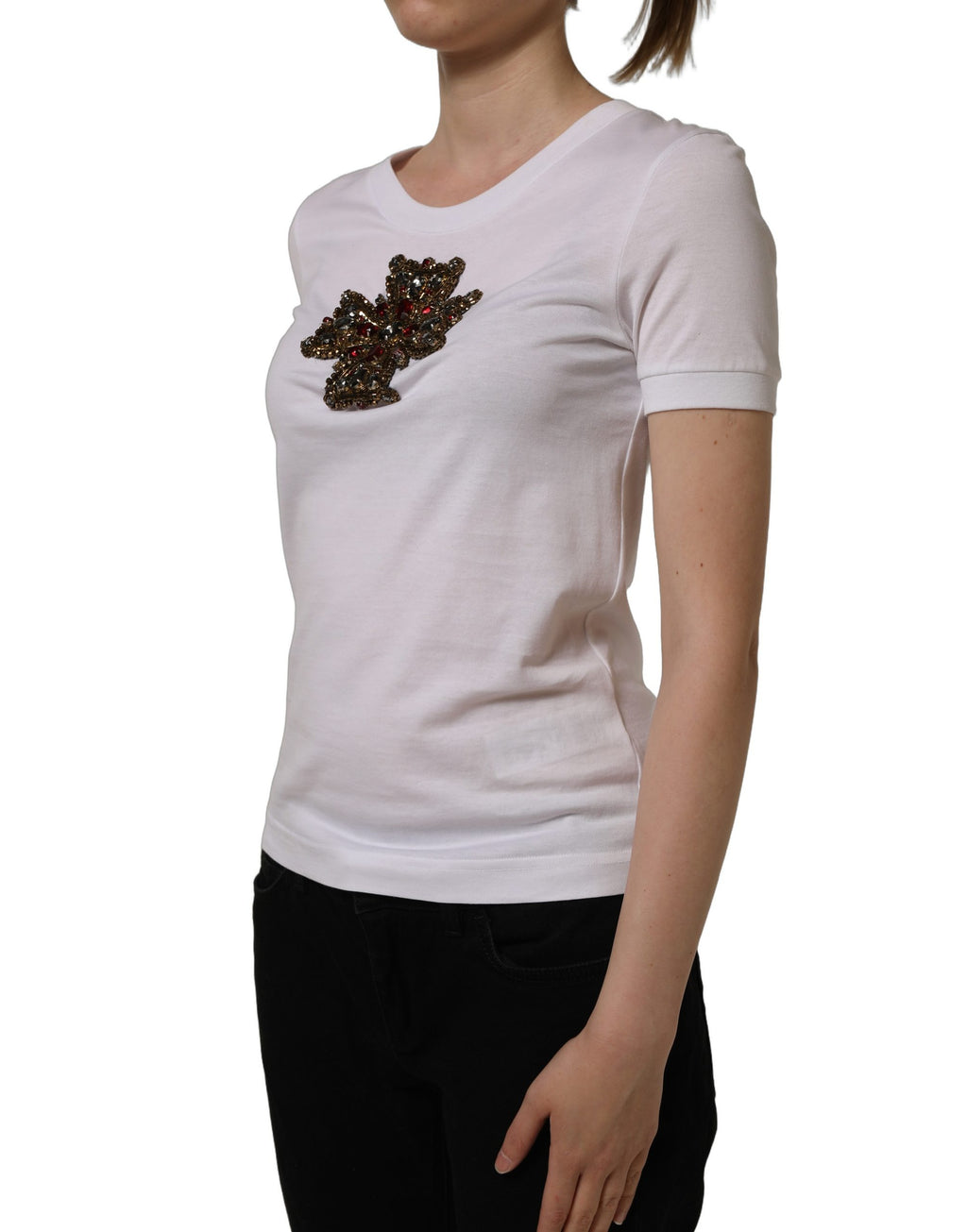 Dolce & Gabbana Weißes T-Shirt mit Kreuzapplikation aus Kristallen