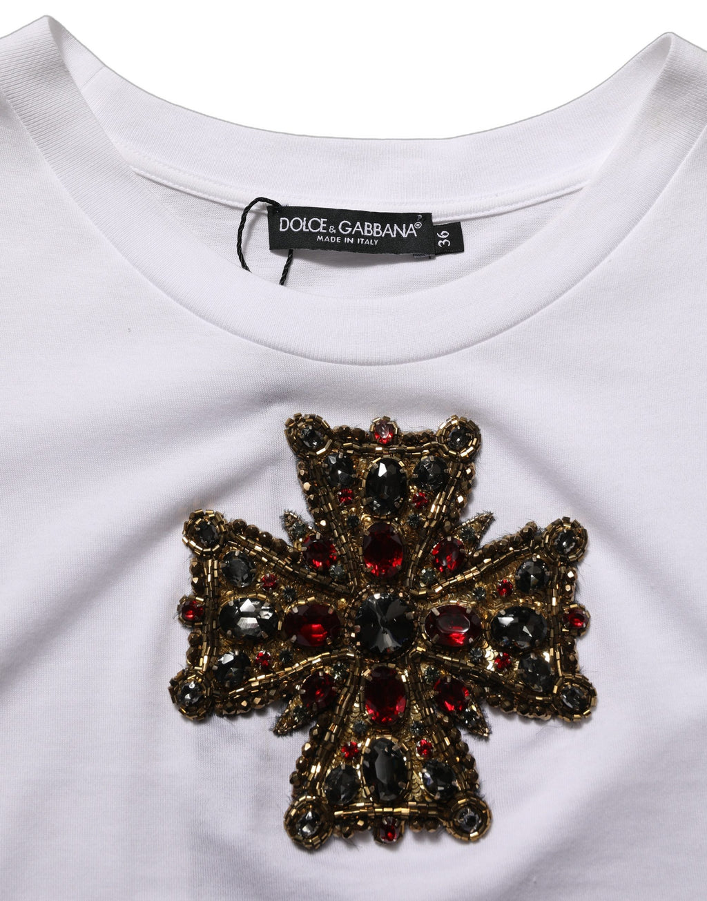 Dolce & Gabbana Weißes T-Shirt mit Kreuzapplikation aus Kristallen