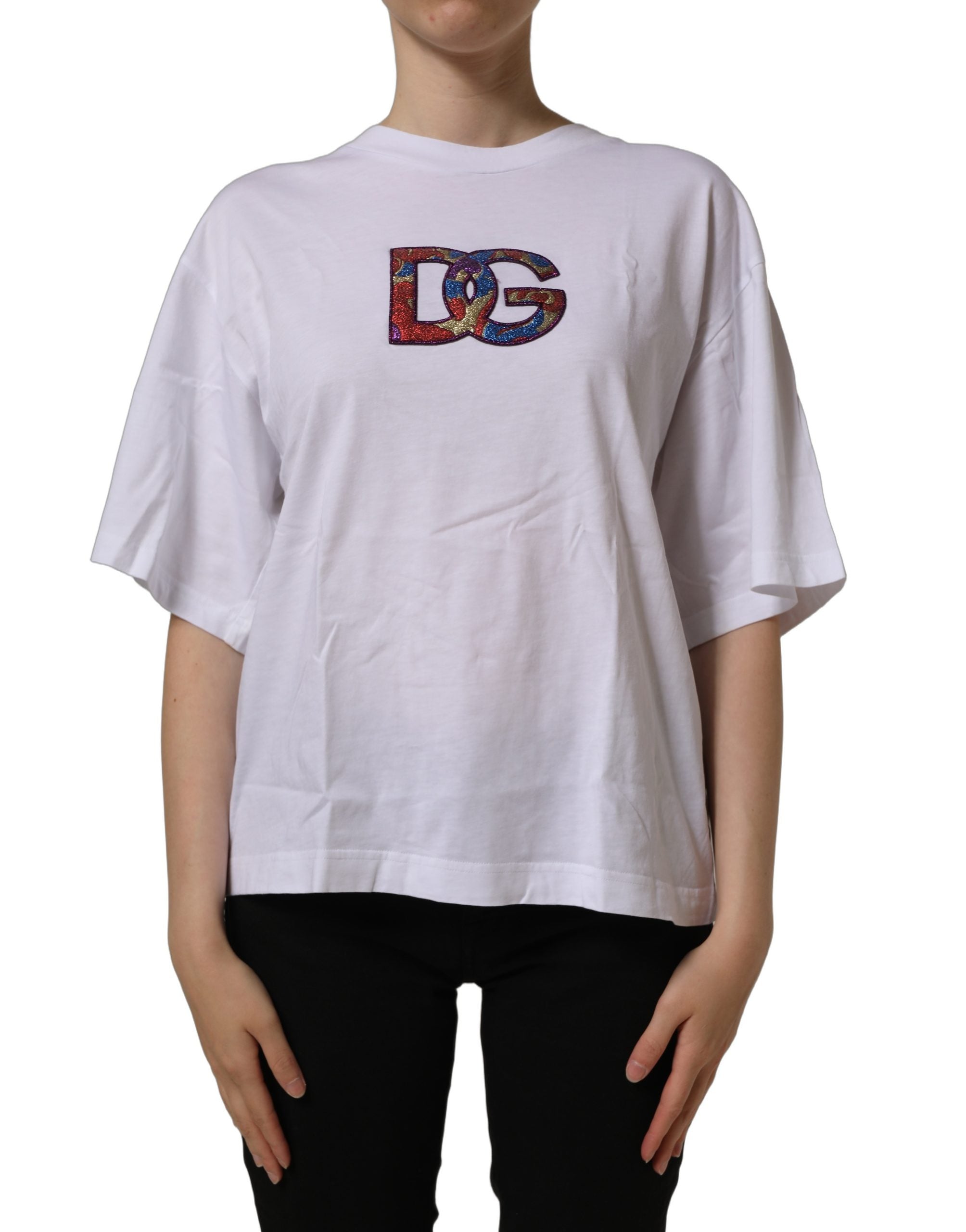 Dolce & Gabbana Weißes Baumwoll-T-Shirt mit Rundhalsausschnitt und Logo-Patch