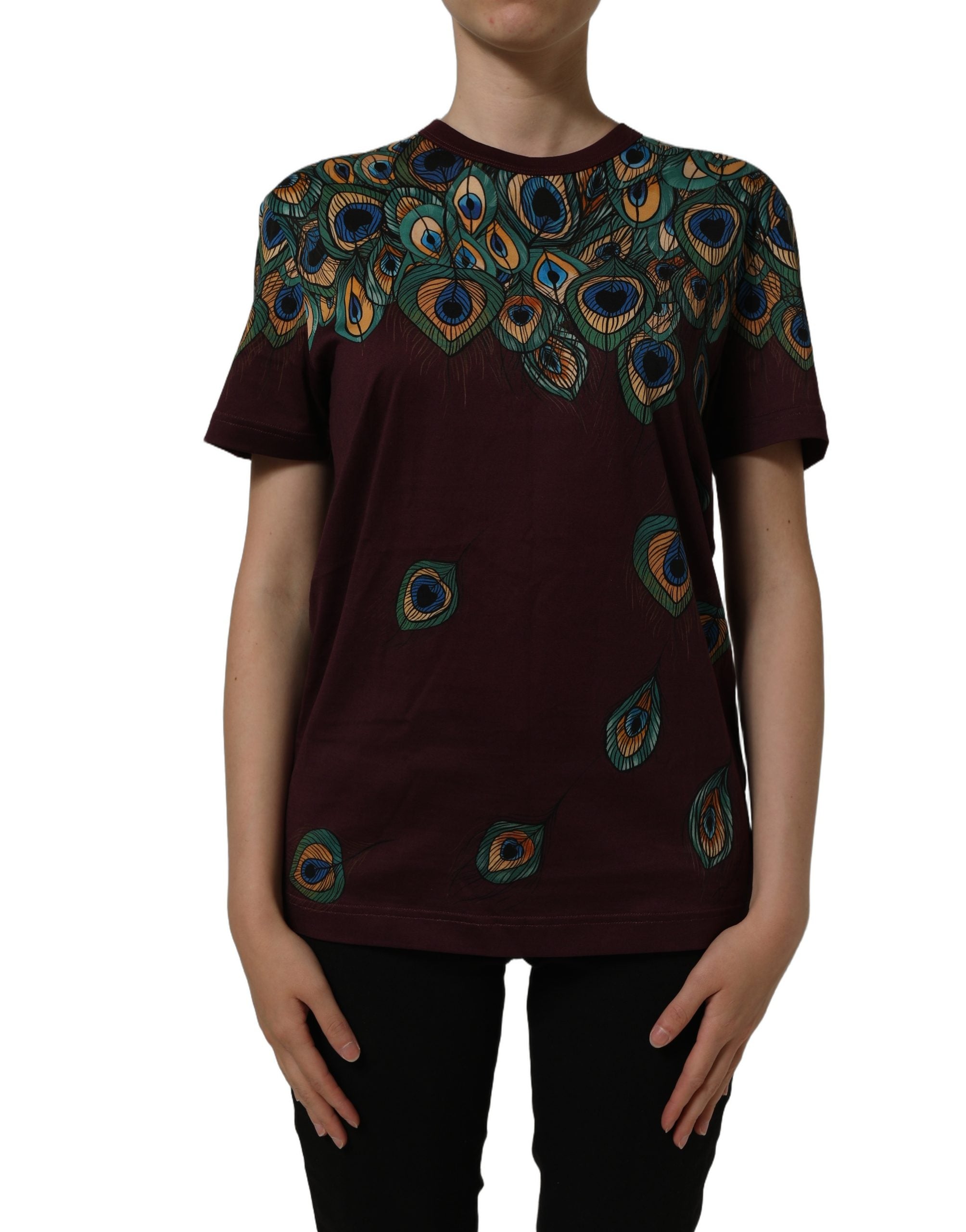 Dolce & Gabbana Burgunderfarbenes T-Shirt mit Pfauenfeder-Print und Rundhalsausschnitt