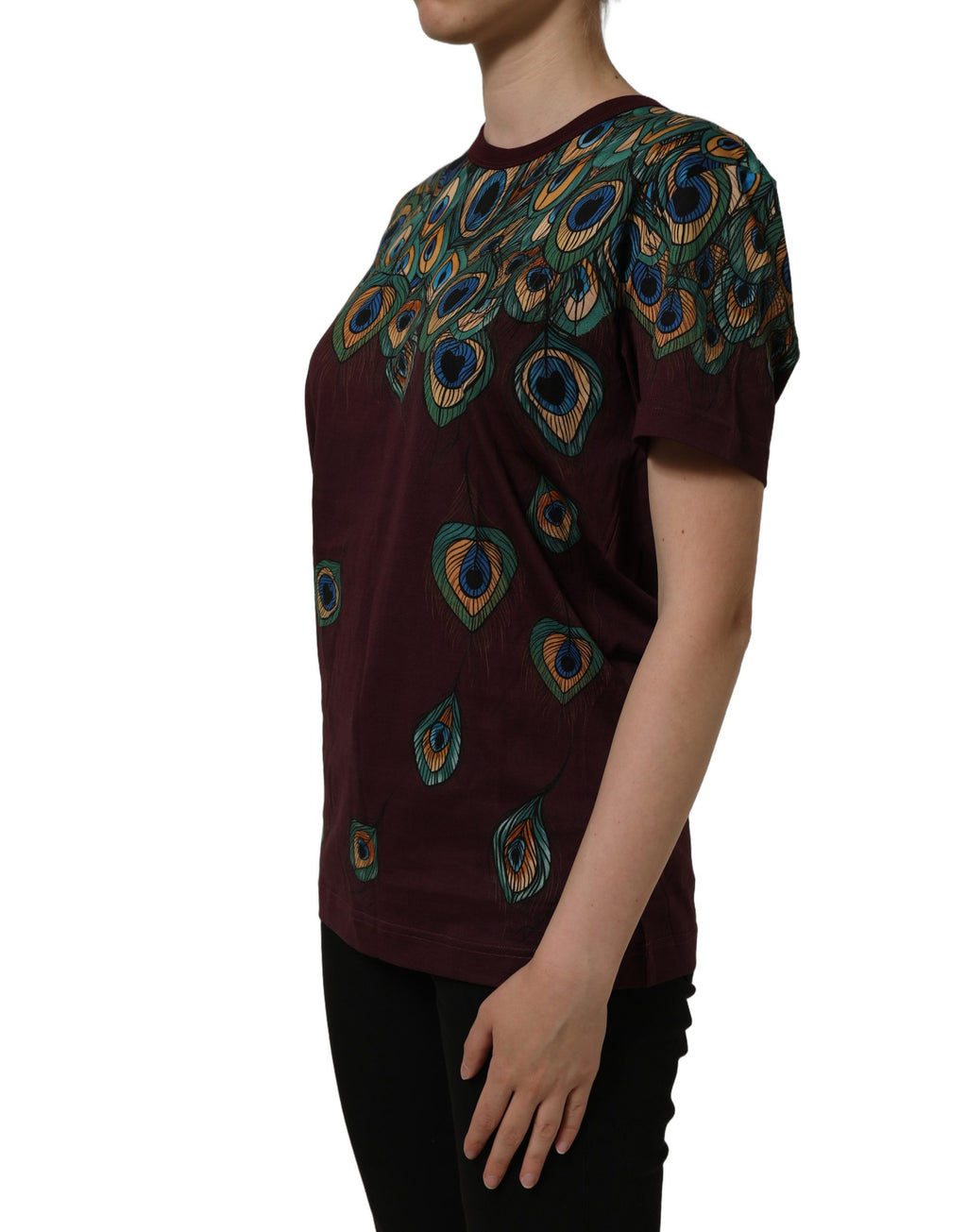 Dolce & Gabbana Burgunderfarbenes T-Shirt mit Pfauenfeder-Print und Rundhalsausschnitt