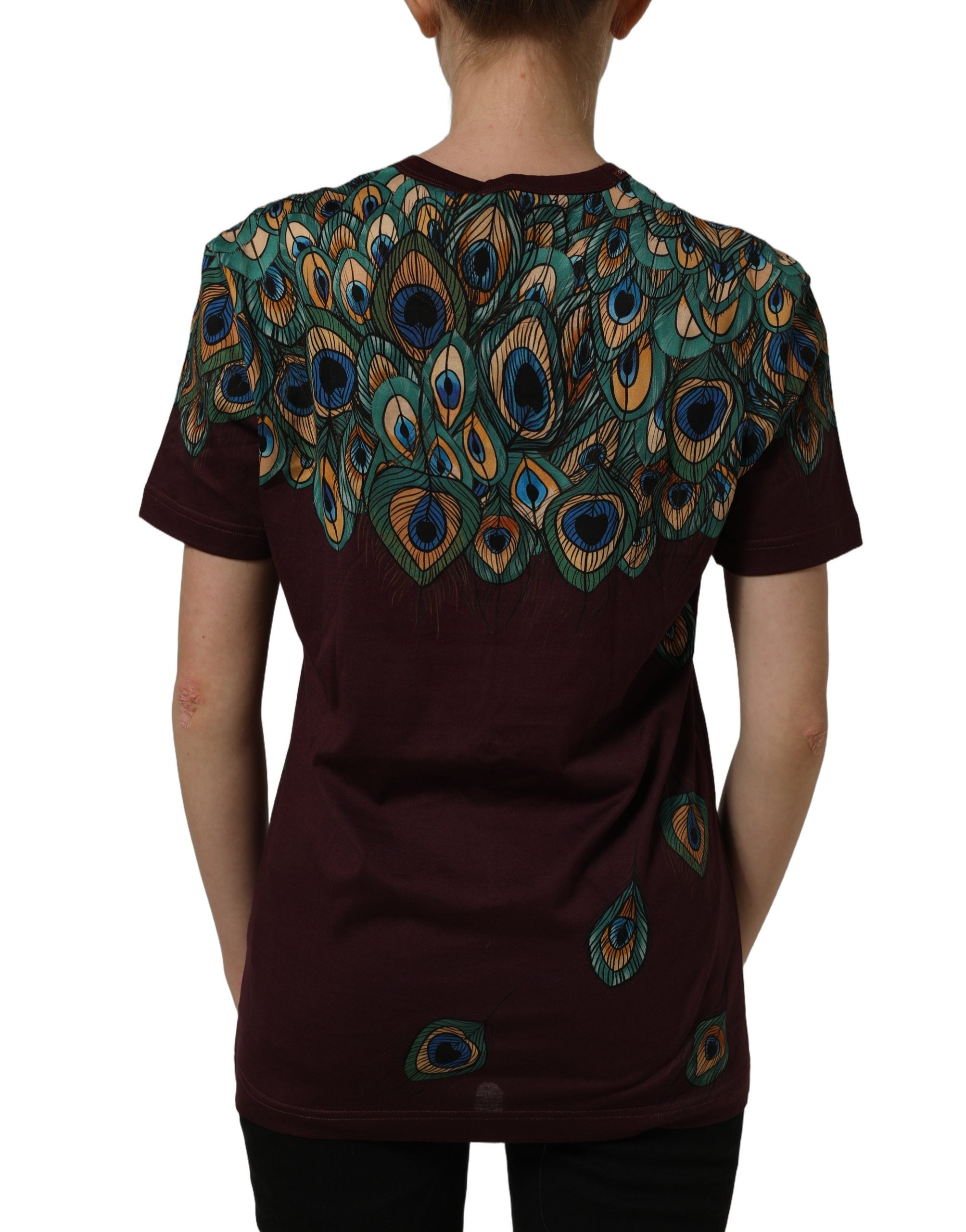 Dolce & Gabbana Burgunderfarbenes T-Shirt mit Pfauenfeder-Print und Rundhalsausschnitt