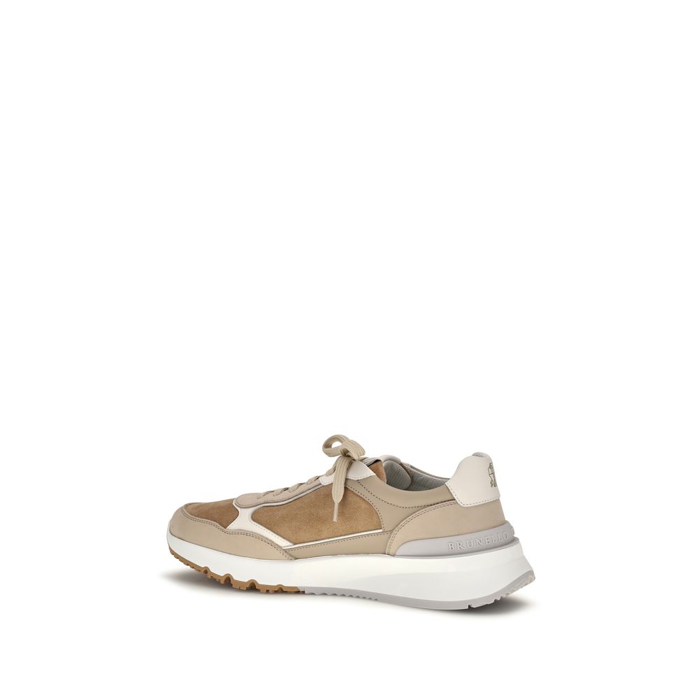 Brunello Cucinelli Beige Calf Leather Bos Taurus Low Top Sneakers
