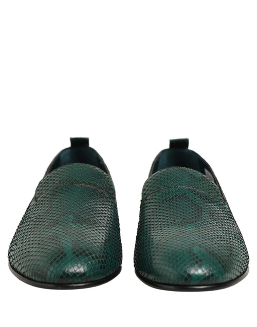 Dolce & Gabbana Dunkelgrüne Loafer aus Leder mit Prägung