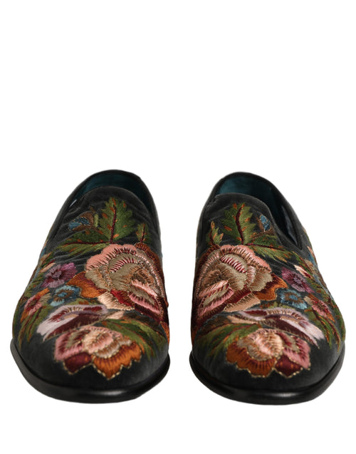 Dolce & Gabbana Schwarze Samt-Loafer mit Blumenstickerei