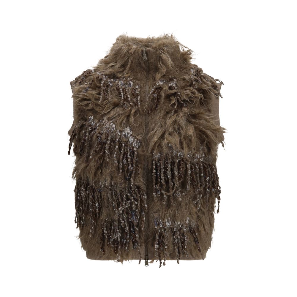 Brunello Cucinelli Beiger Mohair-Strickpullover ohne Ärmel