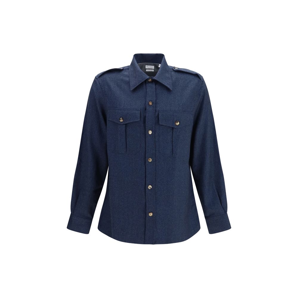 Brunello Cucinelli Blaues Wollhemd Oves Aries