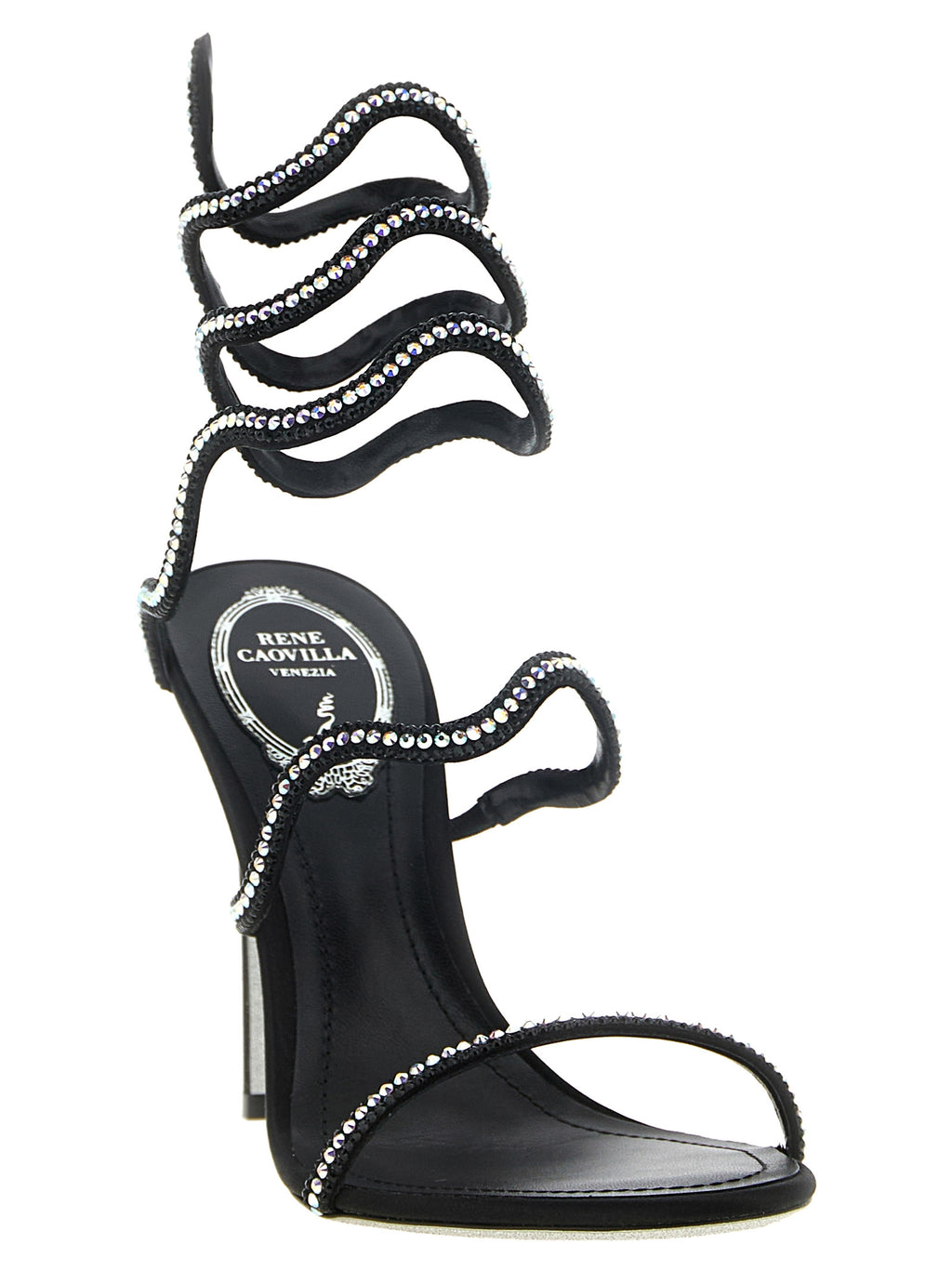 RENE CAOVILLA Schwarze Stiletto-Sandalen aus Satin