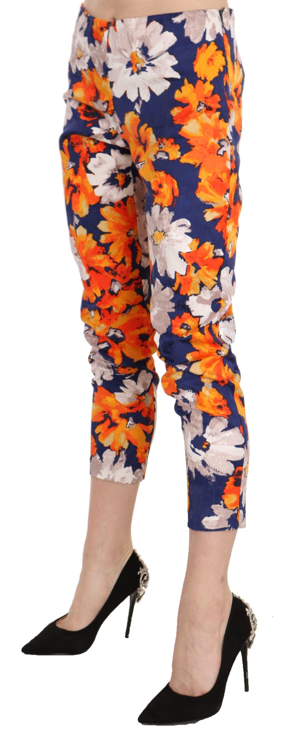 LANACAPRINA Blue Floral Print Skinny Slim Fit Trousers