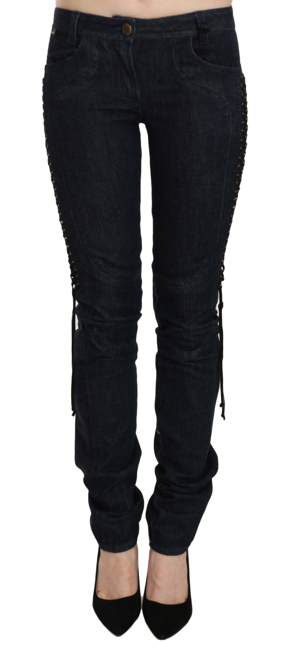 Just Cavalli Blue Low-Rise Braided String Skinny Jeans