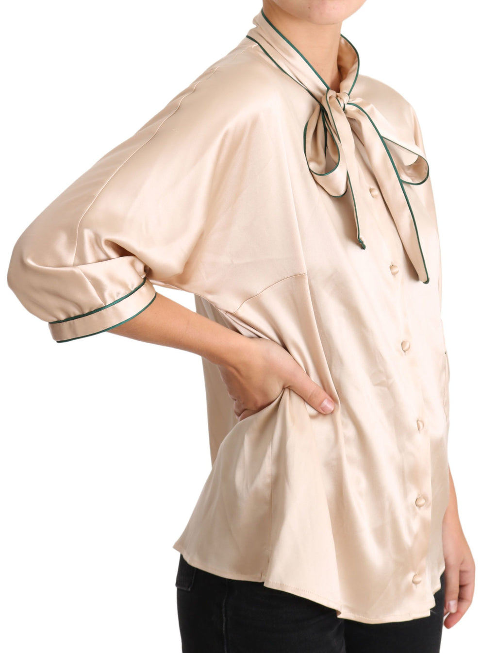 Dolce & Gabbana Beigefarbenes Bändchen-Seiden-Stretch-Top Bluse