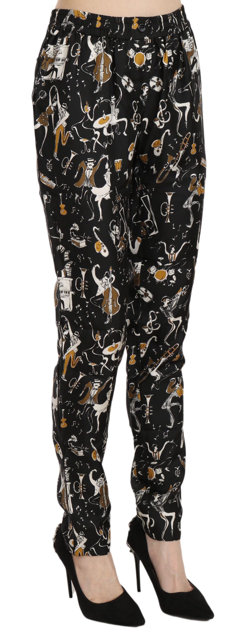 Dolce & Gabbana Black Jazz Club Print High Waisted Tapered Trousers