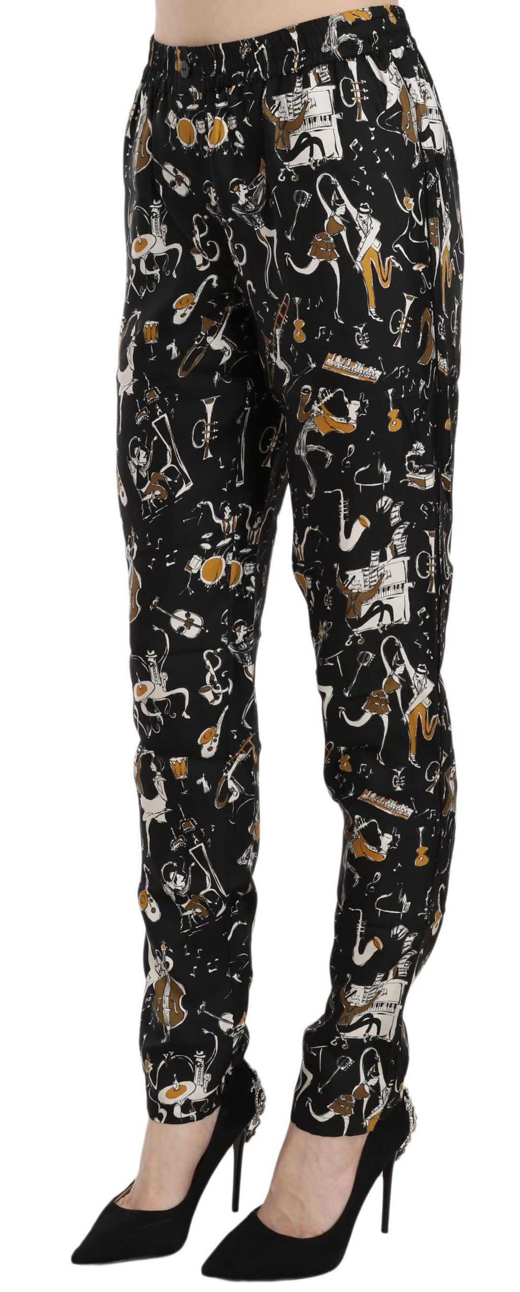 Dolce & Gabbana Black Jazz Club Print High Waisted Tapered Trousers