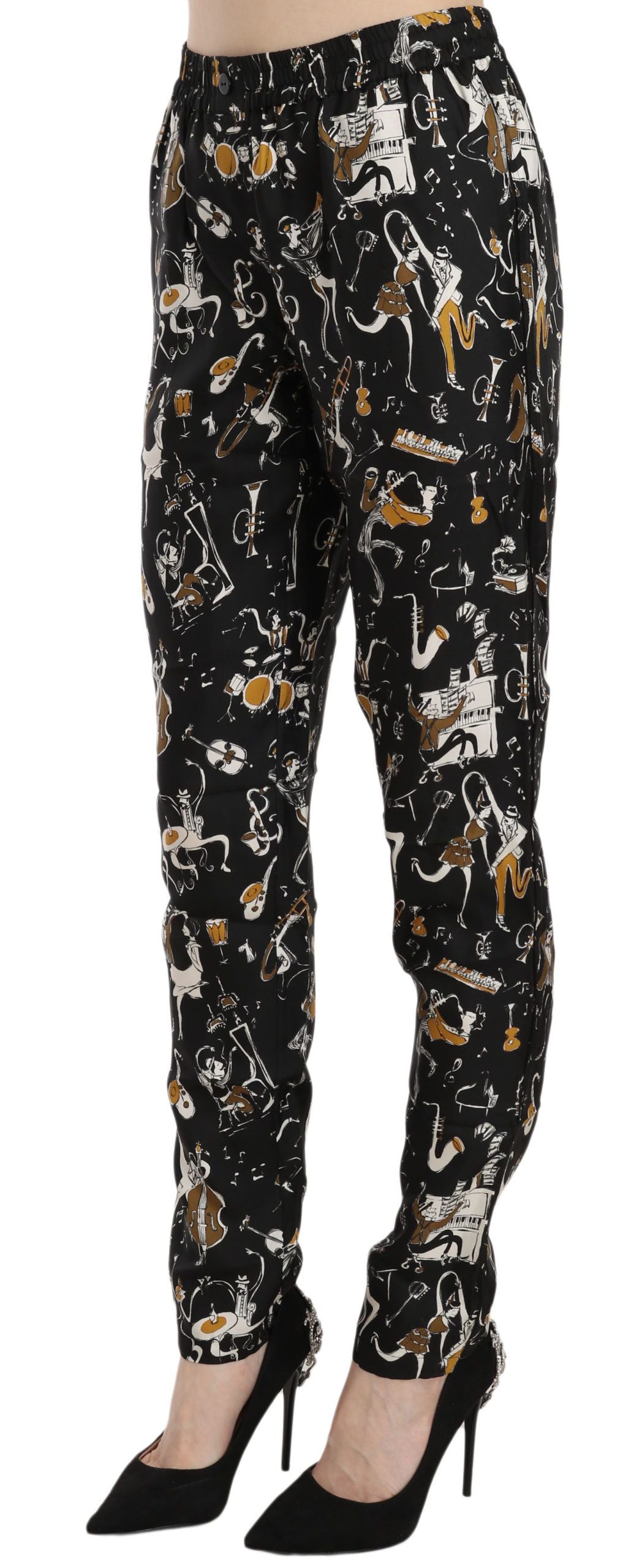 Dolce & Gabbana Black Jazz Club Print High Waisted Tapered Trousers