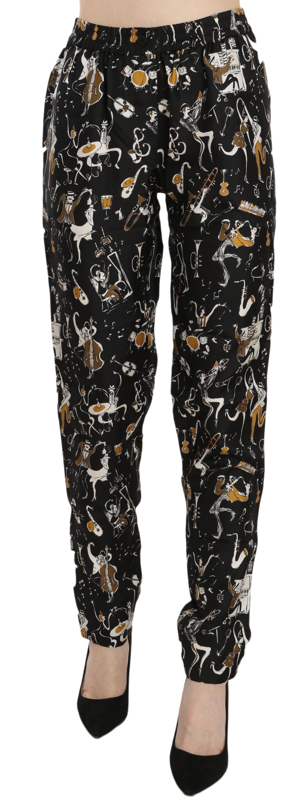 Dolce & Gabbana Black Jazz Club Print High Waisted Tapered Trousers