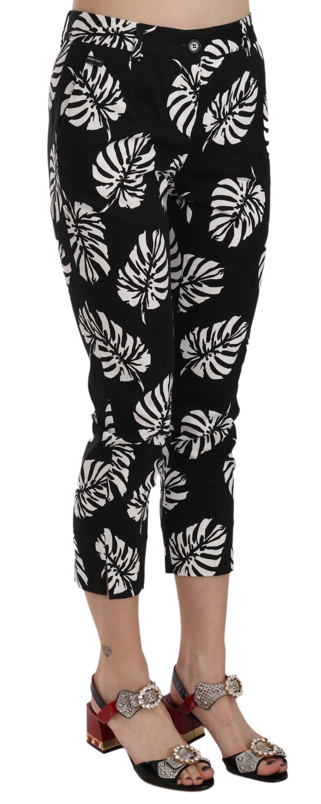 Dolce & Gabbana Black Skinny Trousers with Palm Leaf Print