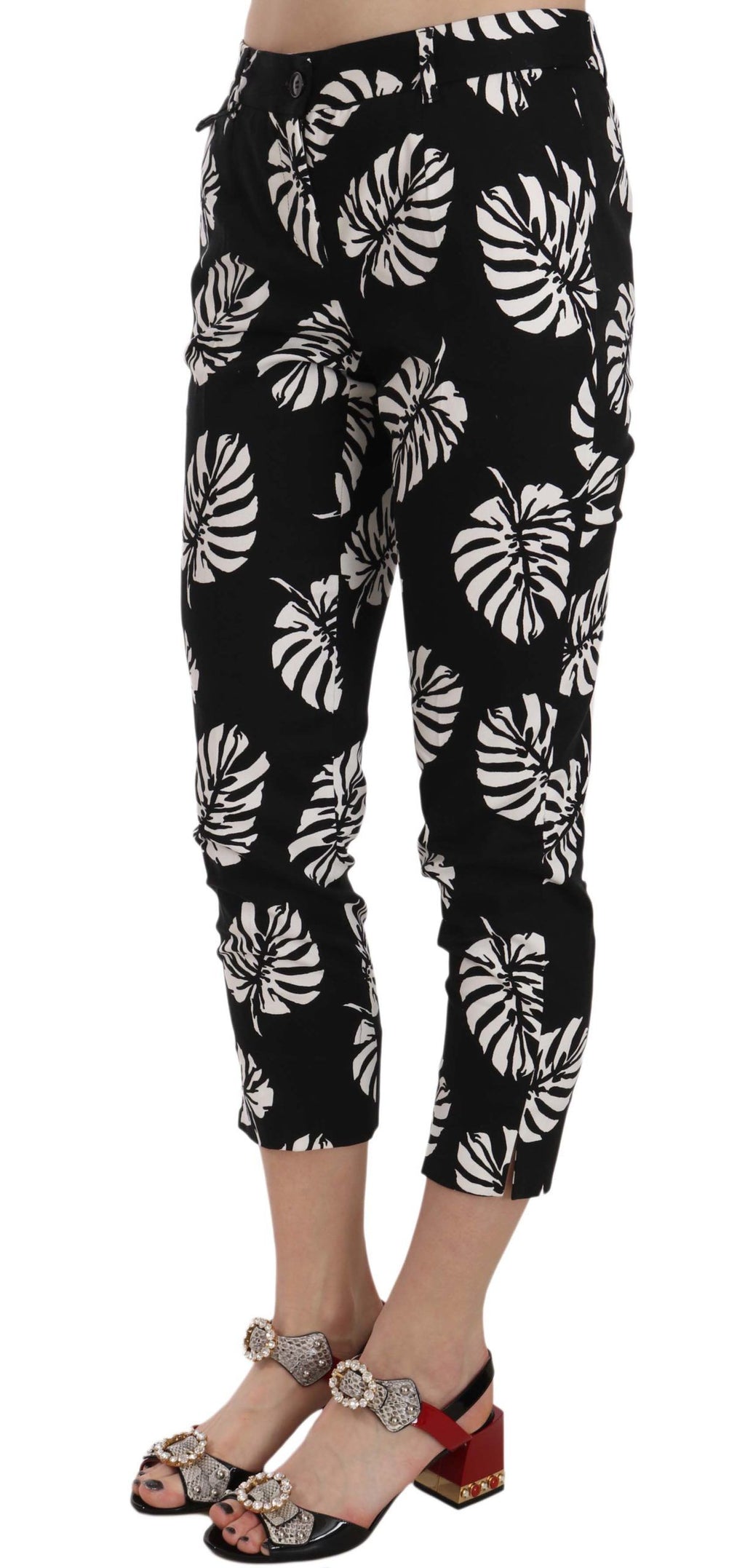 Dolce & Gabbana Black Skinny Trousers with Palm Leaf Print