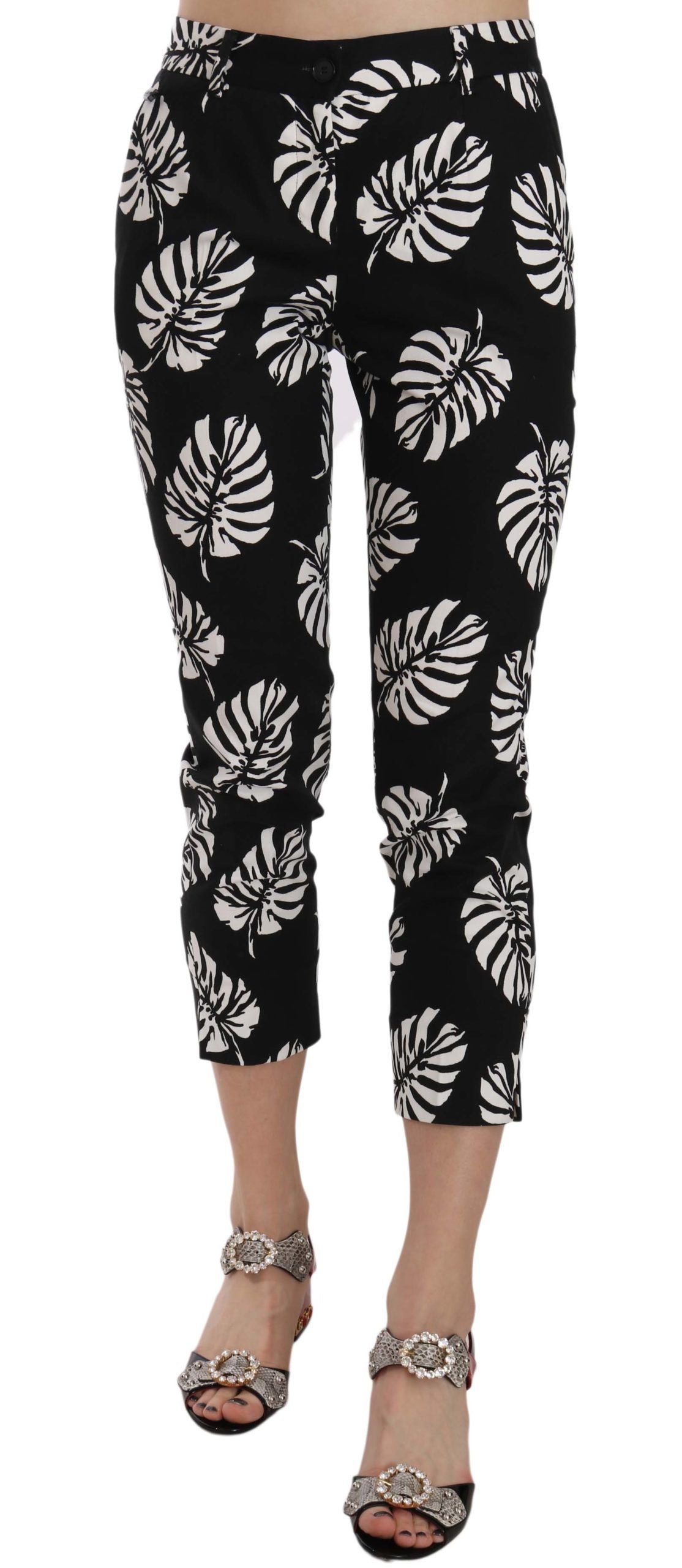 Dolce & Gabbana Black Skinny Trousers with Palm Leaf Print