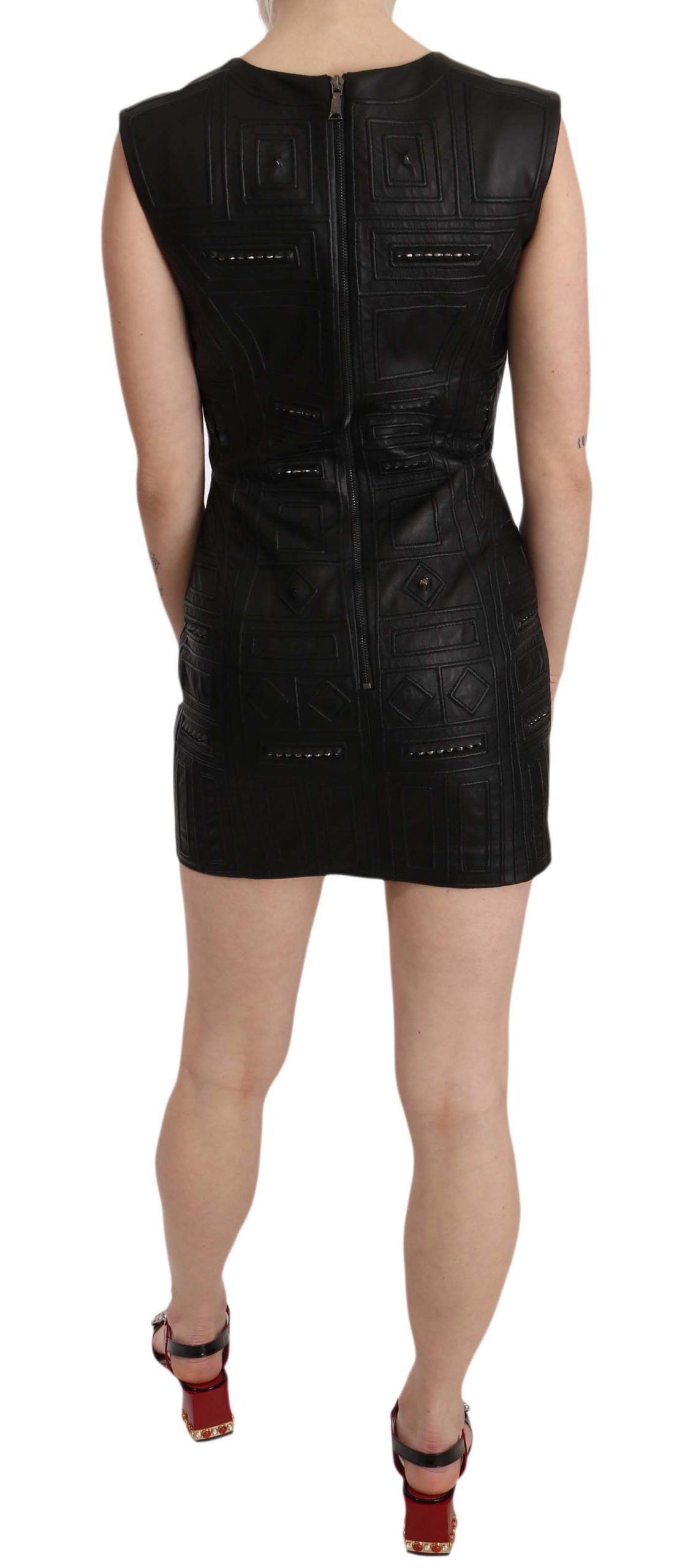 John Richmond Black Studded Leather Mini Shift Dress