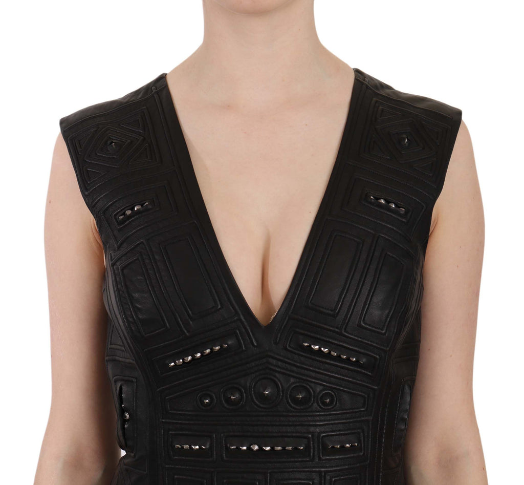 John Richmond Black Studded Leather Mini Shift Dress