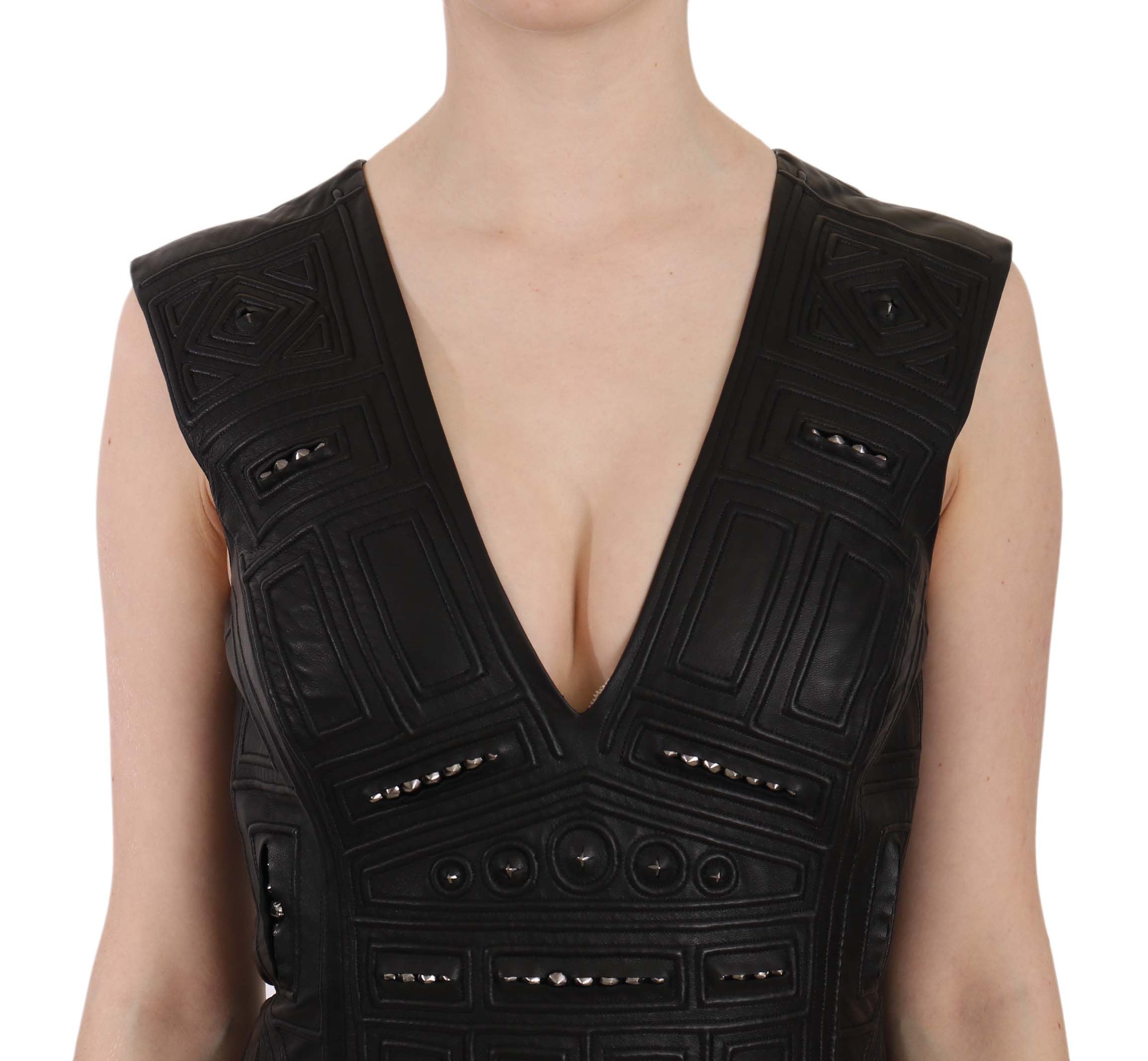 John Richmond Black Studded Leather Mini Shift Dress