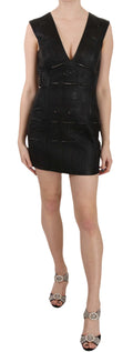 John Richmond Black Studded Leather Mini Shift Dress