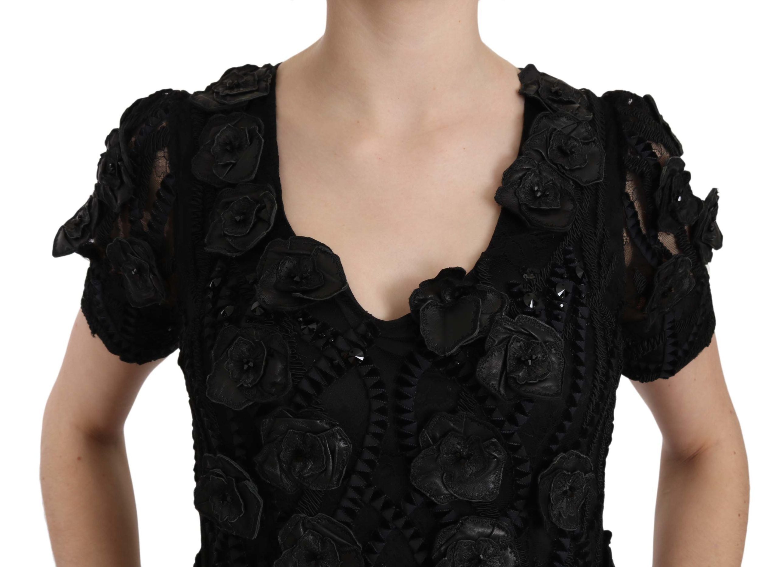 John Richmond Black Silk Leather Floral Sheath Dress